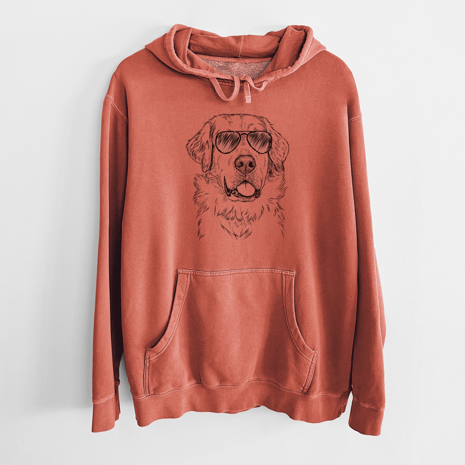 Hand-drawn sketch of Brophy the Great Pyrenees wearing aviator sunglasses on an Amber Unisex pigment dyed hoodie