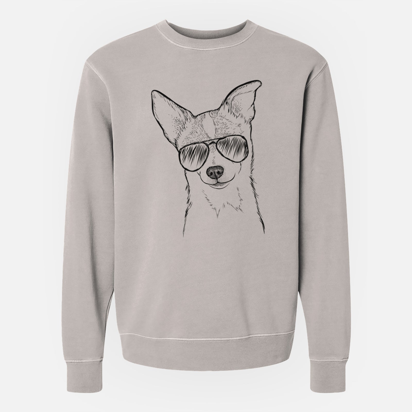 Hand-drawn sketch of Buggy the Chihuahua wearing aviator sunglasses on a Cement Unisex pigment dyed crew sweatshirt