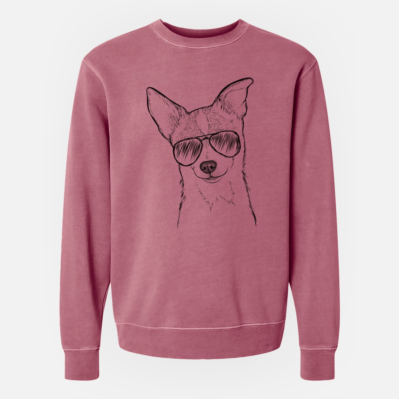 Hand-drawn sketch of Buggy the Chihuahua wearing aviator sunglasses on a Maroon Unisex pigment dyed crew sweatshirt