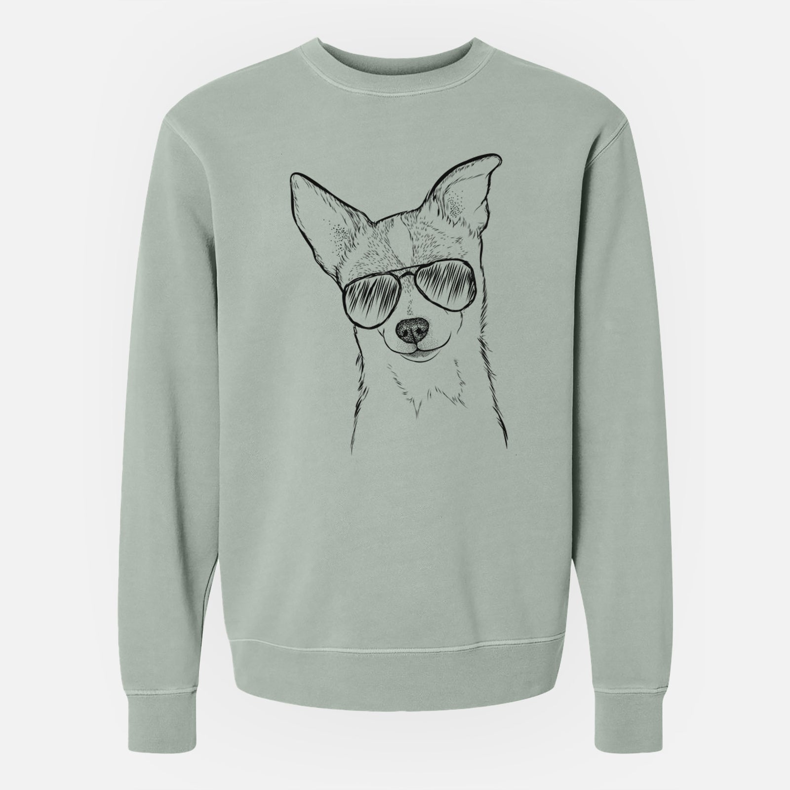 Hand-drawn sketch of Buggy the Chihuahua wearing aviator sunglasses on a Sage Unisex pigment dyed crew sweatshirt