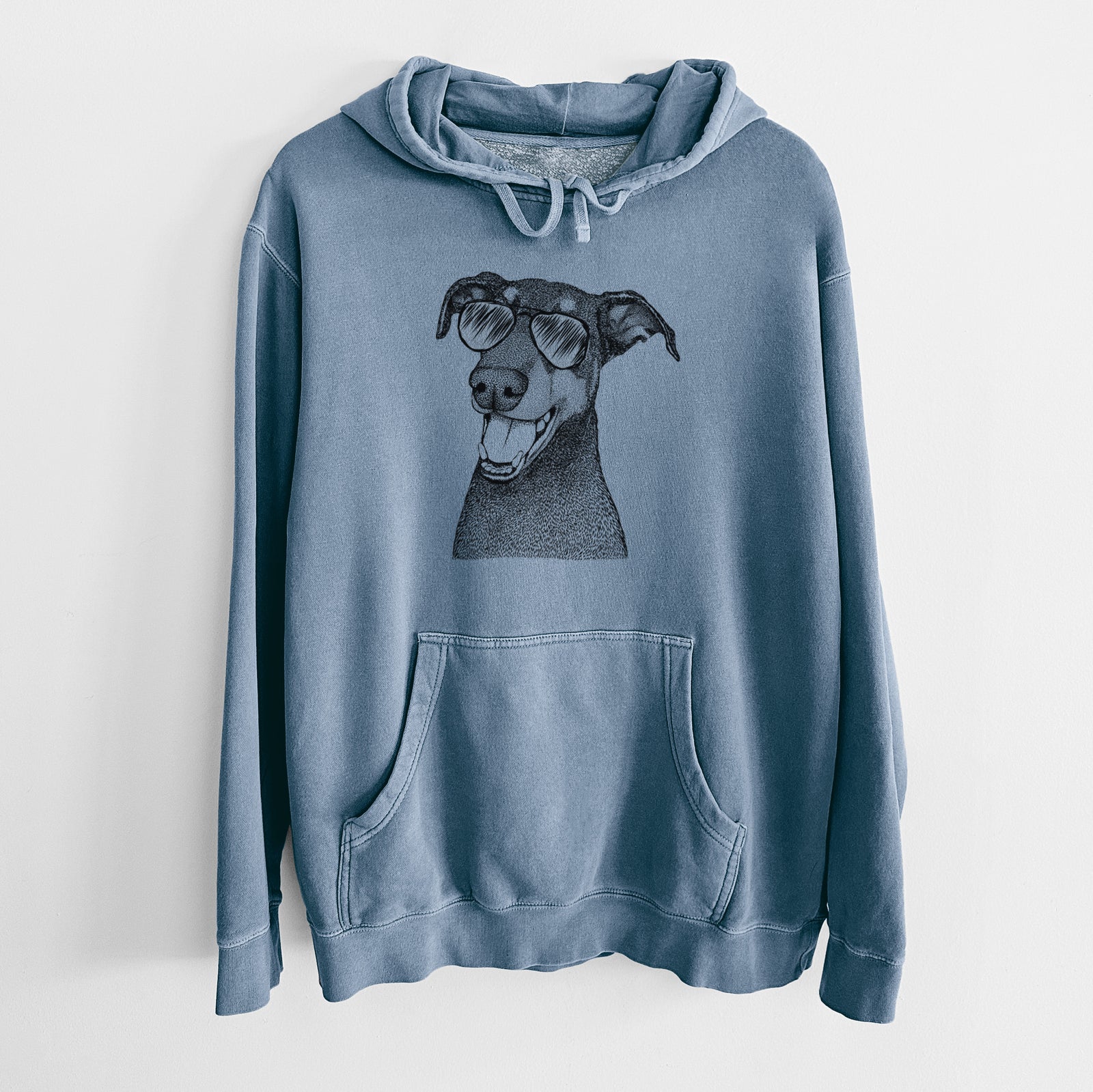 Hand-drawn sketch of Bunnie the Doberman Pinscher wearing aviator sunglasses on a Slate Blue Unisex pigment dyed hoodie