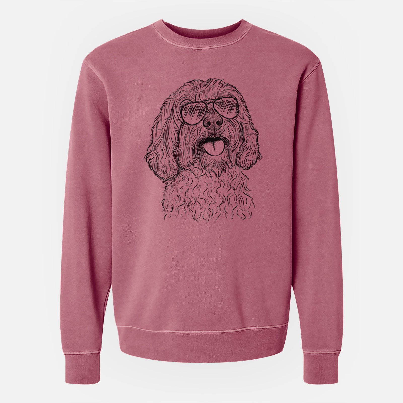 Hand-drawn sketch of Cali the Cavapoo wearing aviator sunglasses on a Maroon Unisex pigment dyed crew sweatshirt