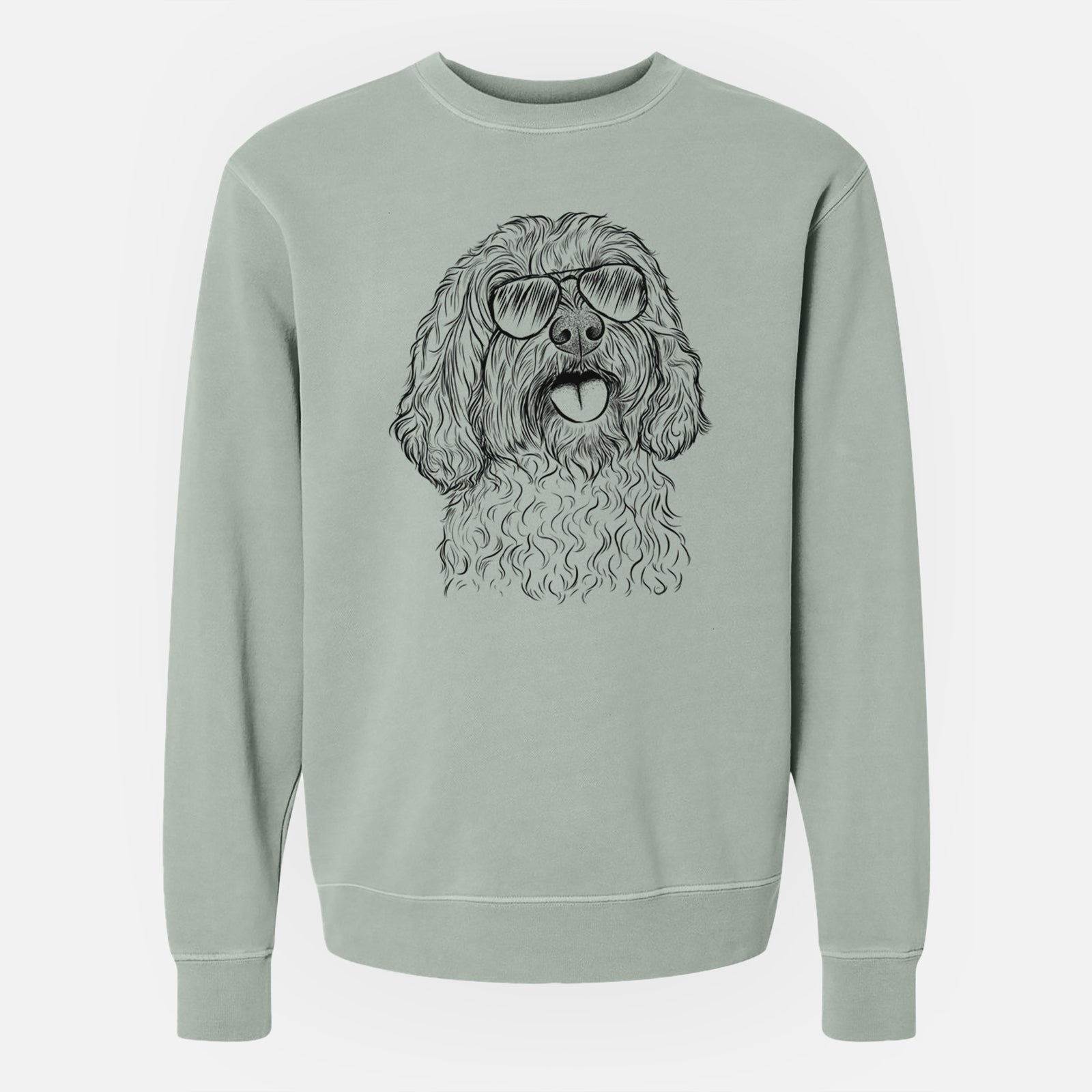 Hand-drawn sketch of Cali the Cavapoo wearing aviator sunglasses on a Sage Unisex pigment dyed crew sweatshirt