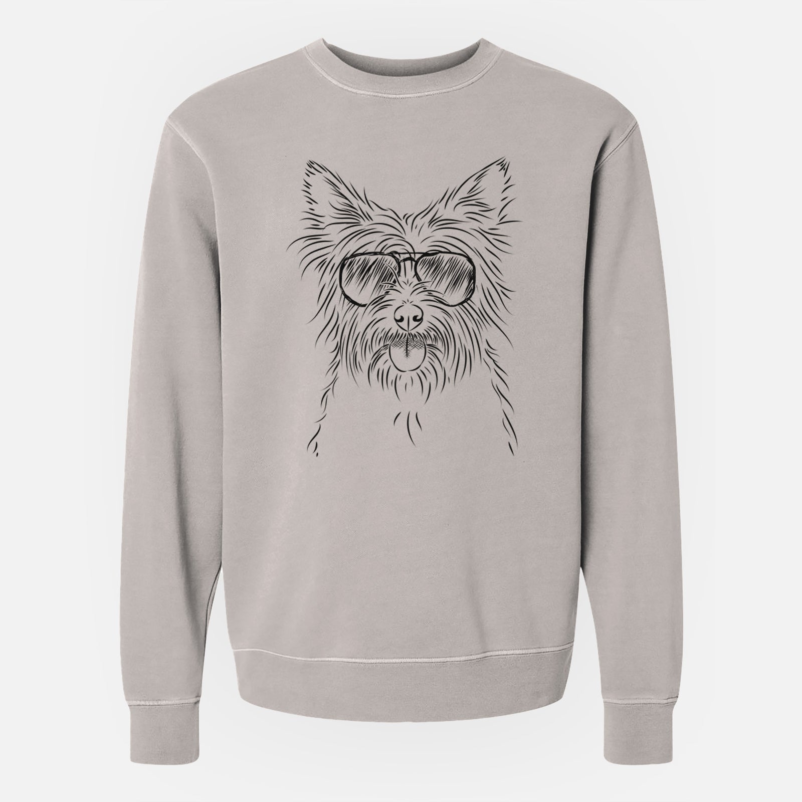 Hand-drawn sketch of Calum the Cairn Terrier wearing aviator sunglasses on a Cement Unisex pigment dyed crew sweatshirt