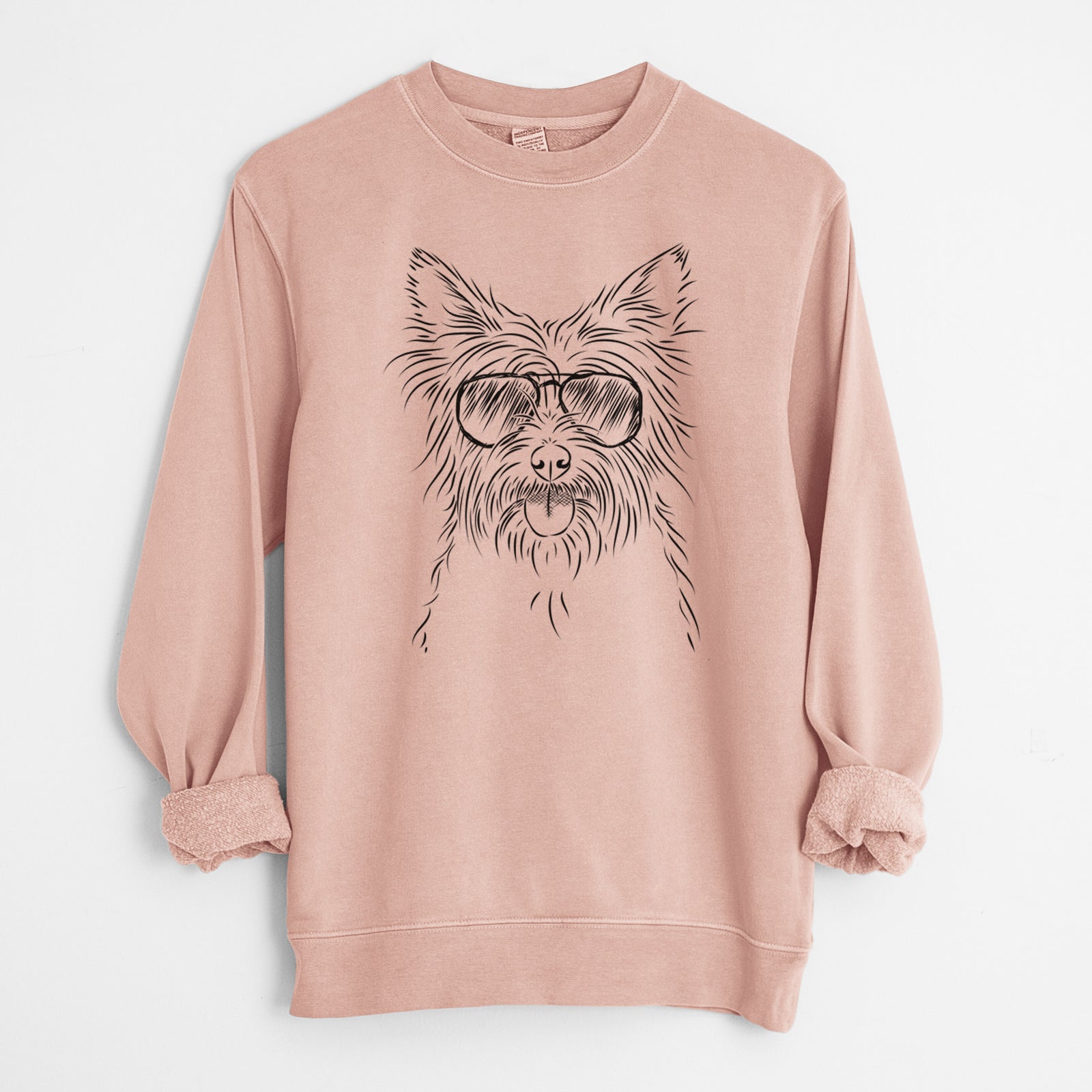Hand-drawn sketch of Calum the Cairn Terrier wearing aviator sunglasses on a Dusty Pink Unisex pigment dyed crew sweatshirt