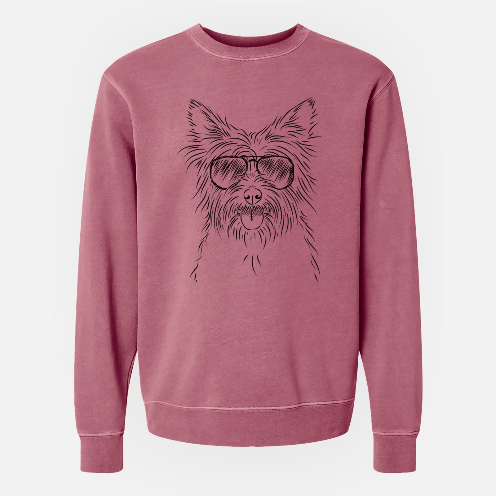 Hand-drawn sketch of Calum the Cairn Terrier wearing aviator sunglasses on a Maroon Unisex pigment dyed crew sweatshirt