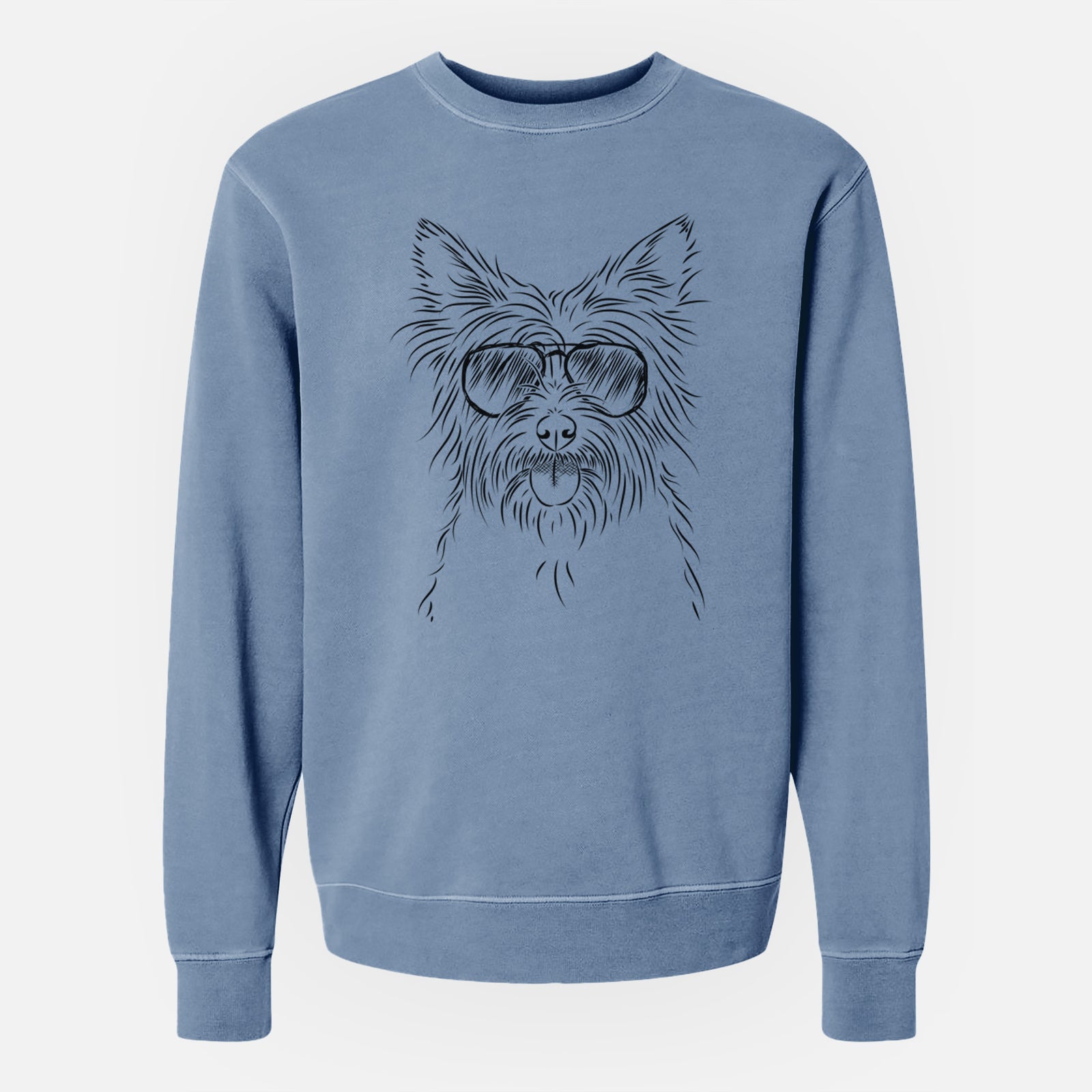 Hand-drawn sketch of Calum the Cairn Terrier wearing aviator sunglasses on a Slate Blue Unisex pigment dyed crew sweatshirt