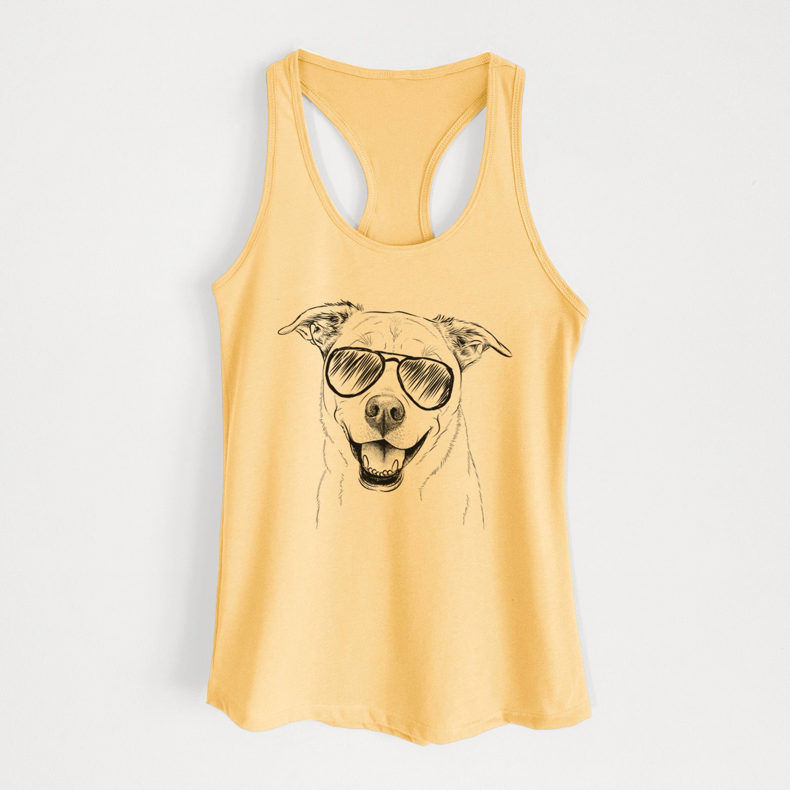 Hand-drawn sketch of Carl the Mixed Breed wearing aviator sunglasses on a Banana Cream Women's racerback tanktop
