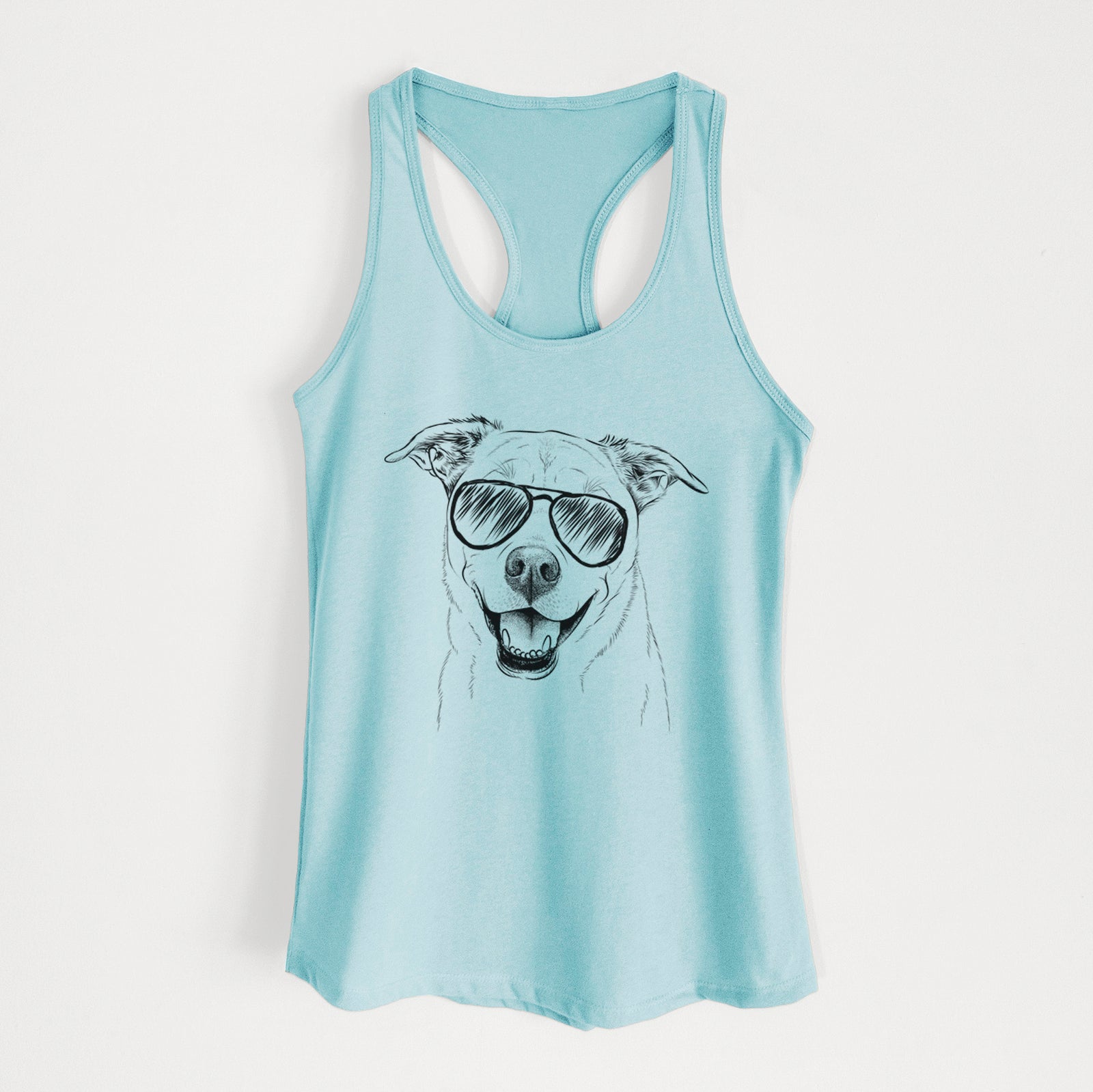 Hand-drawn sketch of Carl the Mixed Breed wearing aviator sunglasses on a Cancun Blue Women's racerback tanktop