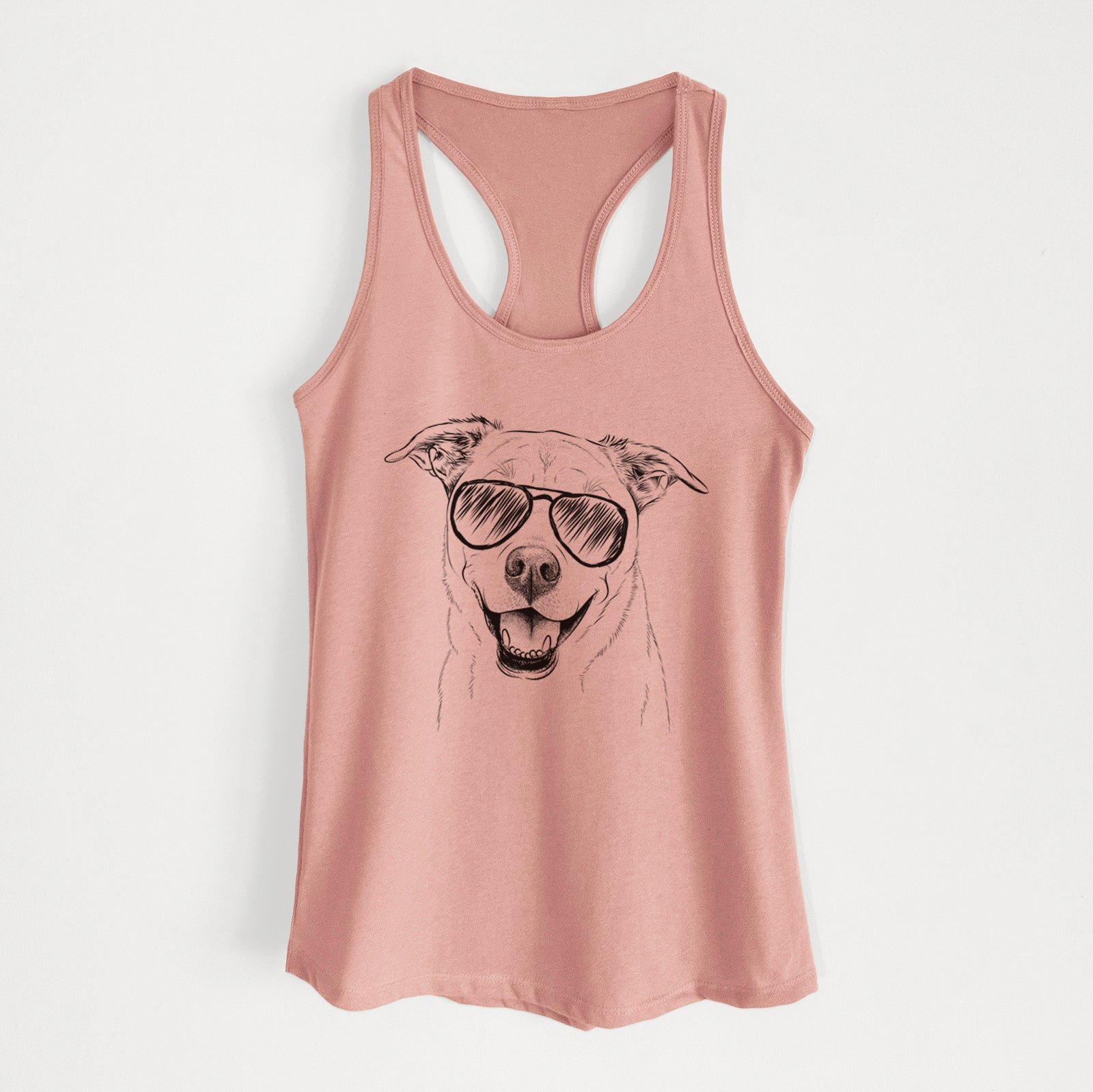 Hand-drawn sketch of Carl the Mixed Breed wearing aviator sunglasses on a Desert Pink Women's racerback tanktop