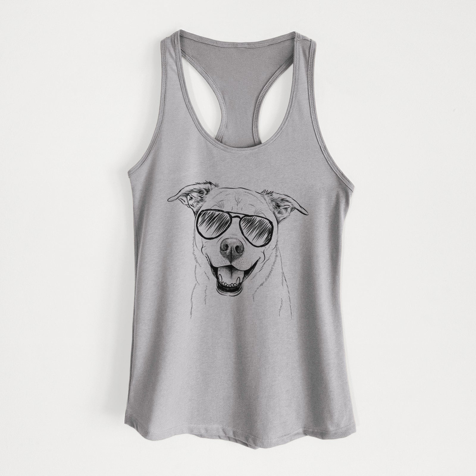 Hand-drawn sketch of Carl the Mixed Breed wearing aviator sunglasses on a Heather Grey Women's racerback tanktop