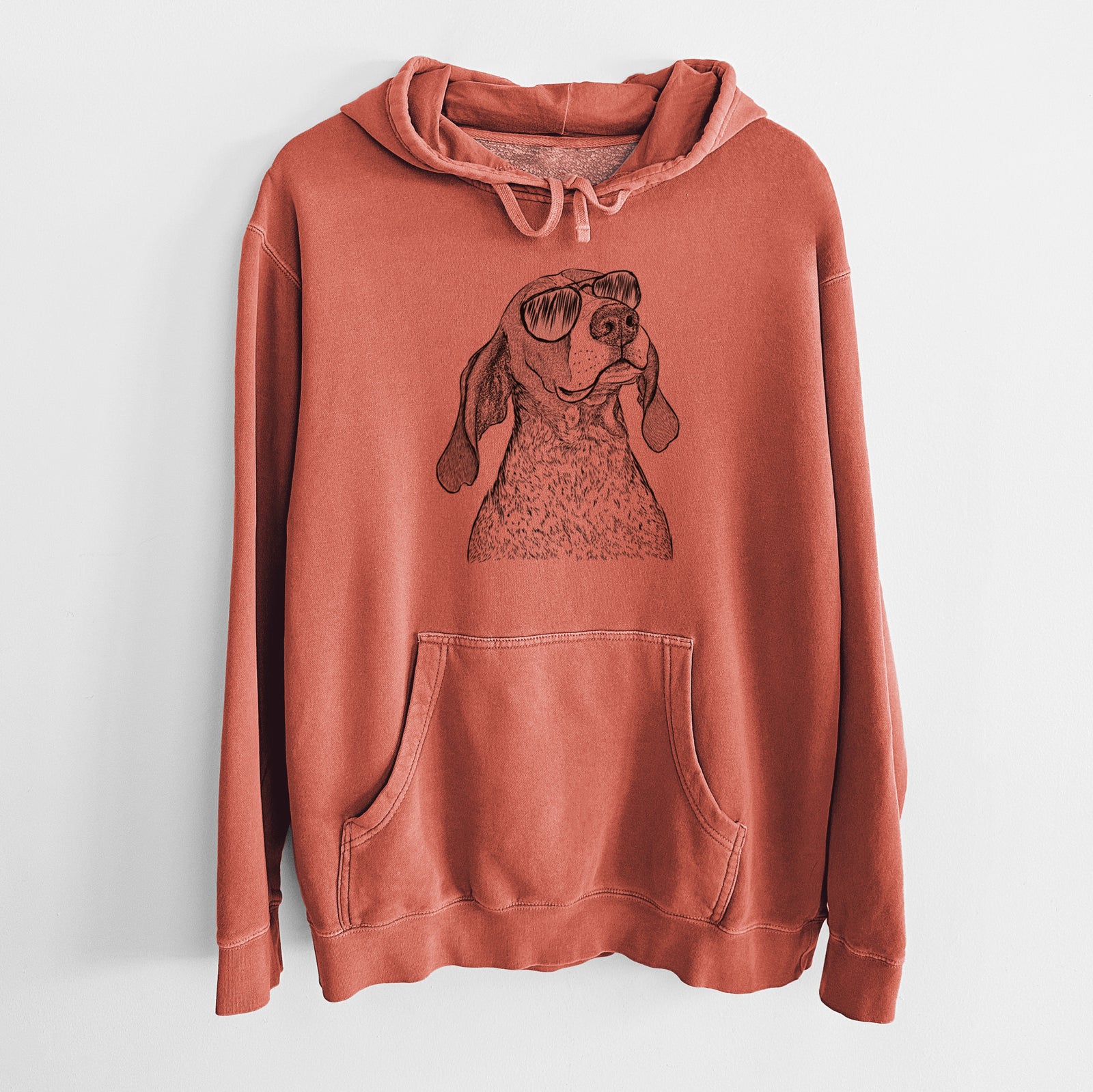 Hand-drawn sketch of Chester the Red Tick Coonhound wearing aviator sunglasses on an Amber Unisex pigment dyed hoodie