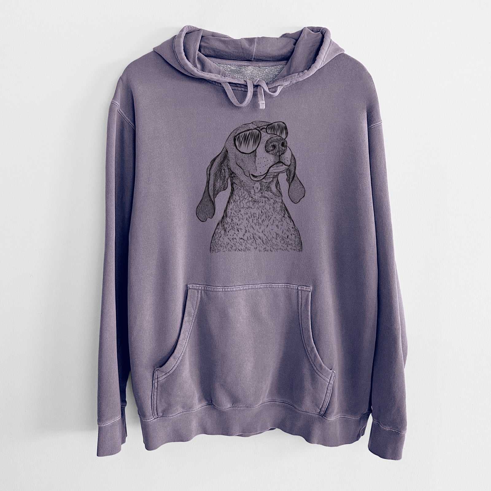 Hand-drawn sketch of Chester the Red Tick Coonhound wearing aviator sunglasses on a Plum Unisex pigment dyed hoodie