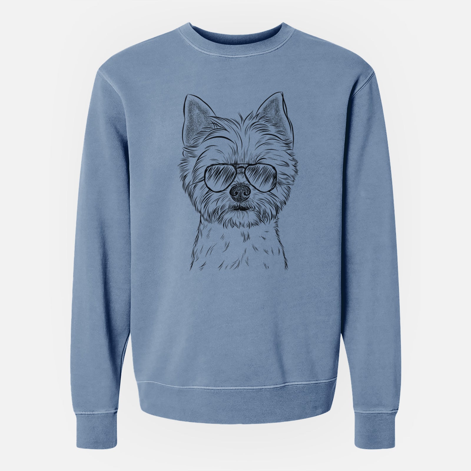 Hand-drawn sketch of Chewy the Yorkshire Terrier wearing aviator sunglasses on a Slate Blue Unisex pigment dyed crew sweatshirt