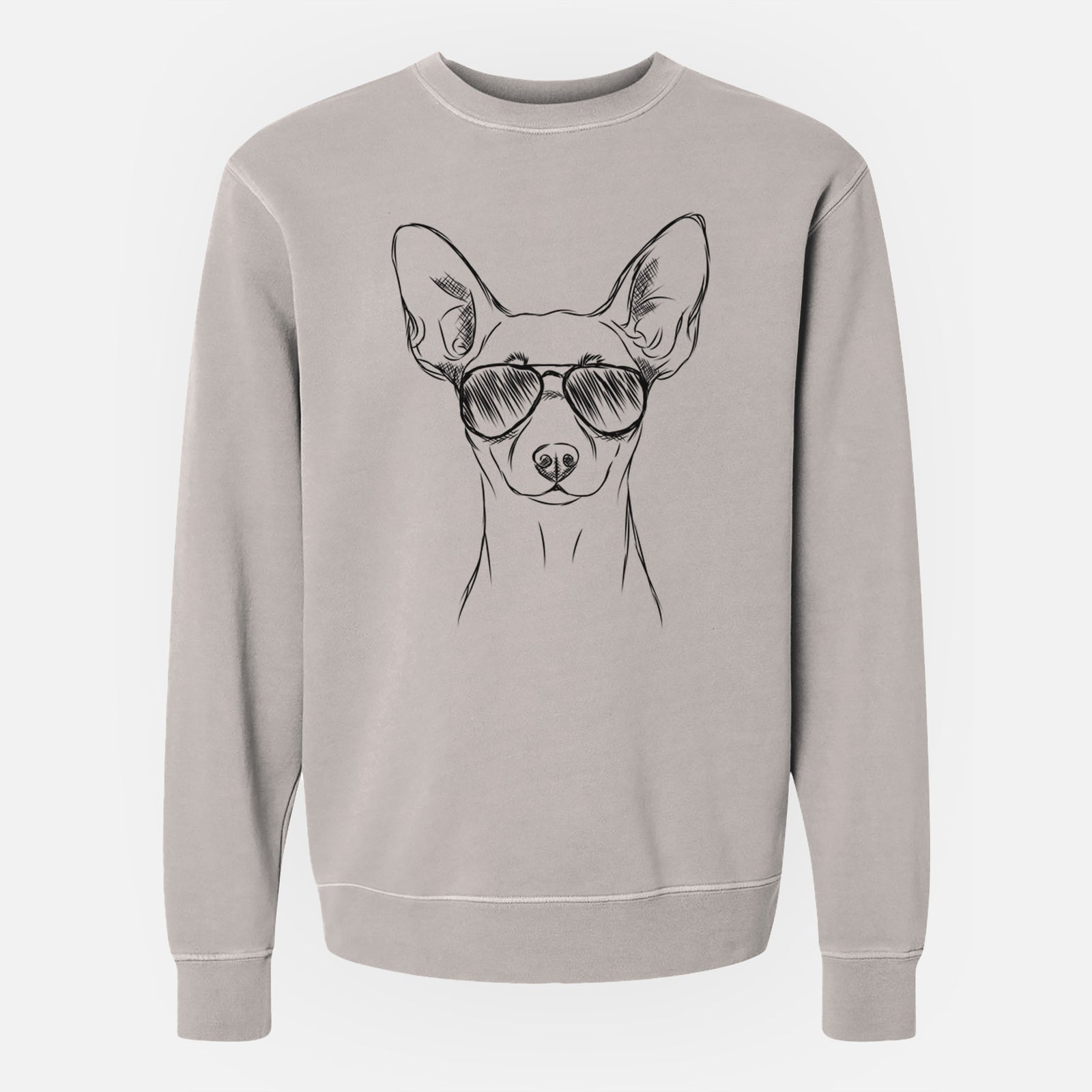 Hand-drawn sketch of Chillie the Mini Pinscher wearing aviator sunglasses on a Cement Unisex pigment dyed crew sweatshirt