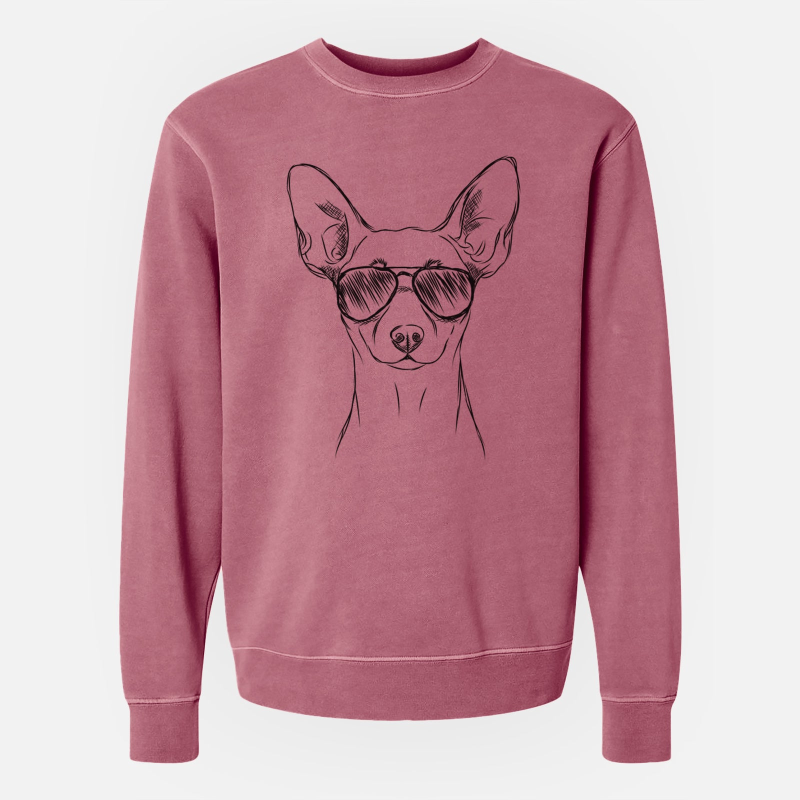 Hand-drawn sketch of Chillie the Mini Pinscher wearing aviator sunglasses on a Maroon Unisex pigment dyed crew sweatshirt