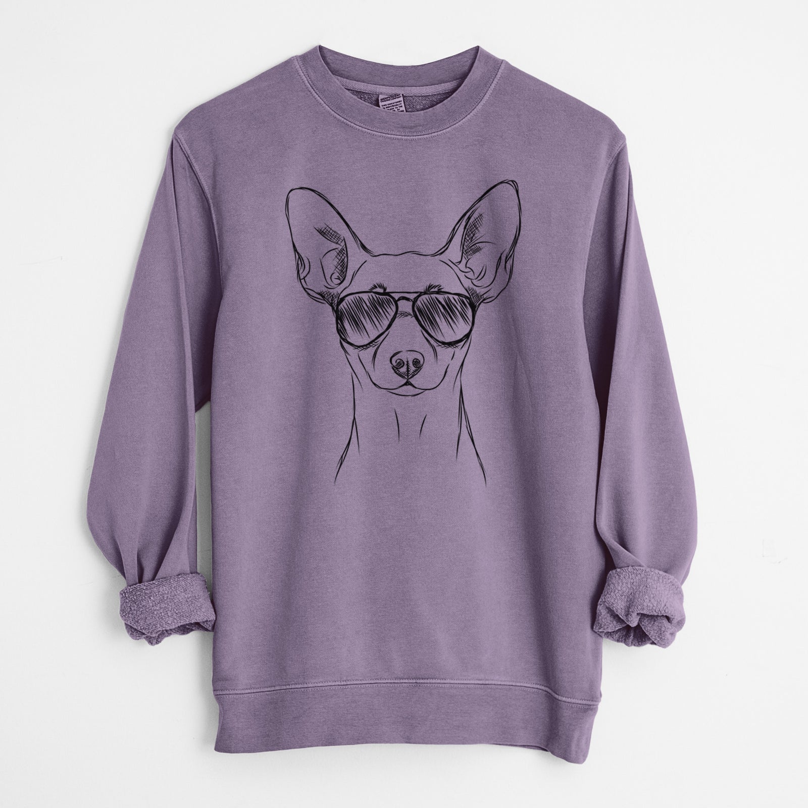 Hand-drawn sketch of Chillie the Mini Pinscher wearing aviator sunglasses on a Plum Unisex pigment dyed crew sweatshirt