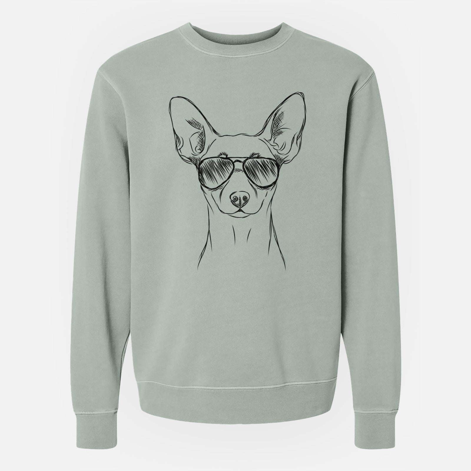 Hand-drawn sketch of Chillie the Mini Pinscher wearing aviator sunglasses on a Sage Unisex pigment dyed crew sweatshirt