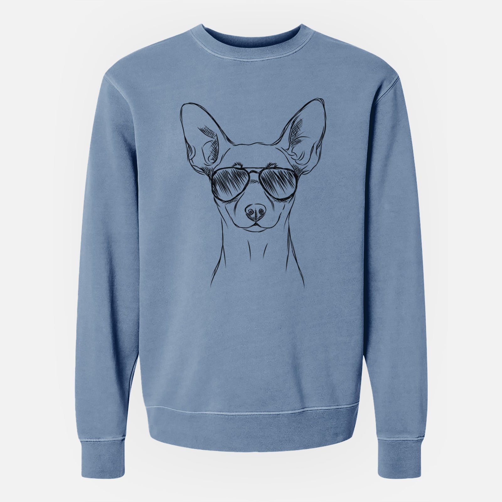 Hand-drawn sketch of Chillie the Mini Pinscher wearing aviator sunglasses on a Slate Blue Unisex pigment dyed crew sweatshirt