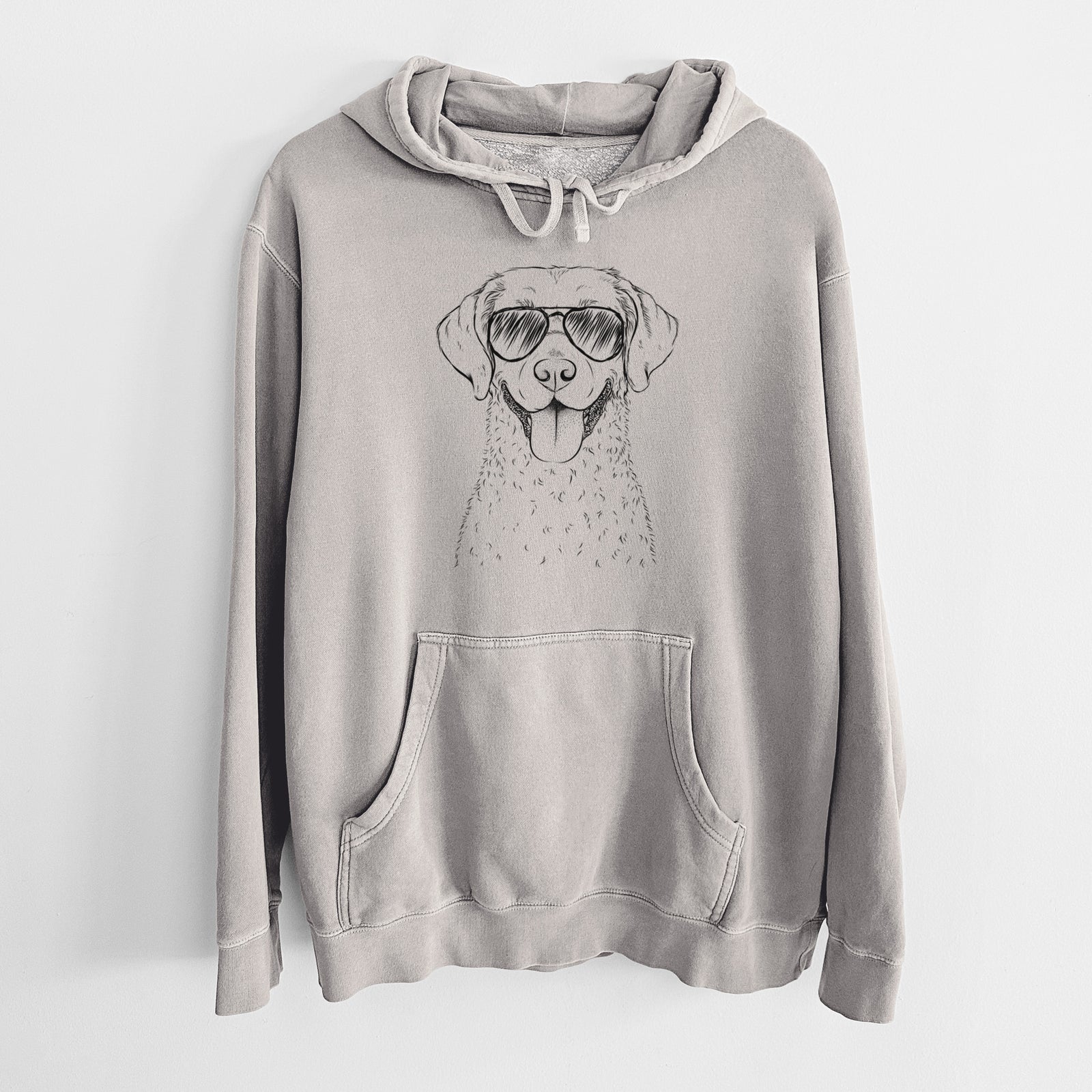 Hand-drawn sketch of Chip the Chesapeake Bay Retriever wearing aviator sunglasses on a Cement Unisex pigment dyed hoodie