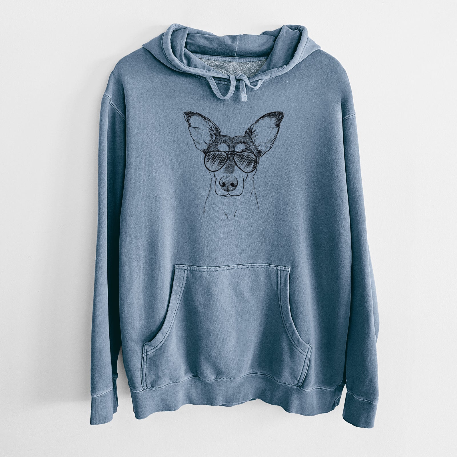 Hand-drawn sketch of Chloe the Doxie Mix wearing aviator sunglasses on a Slate Blue Unisex pigment dyed hoodie