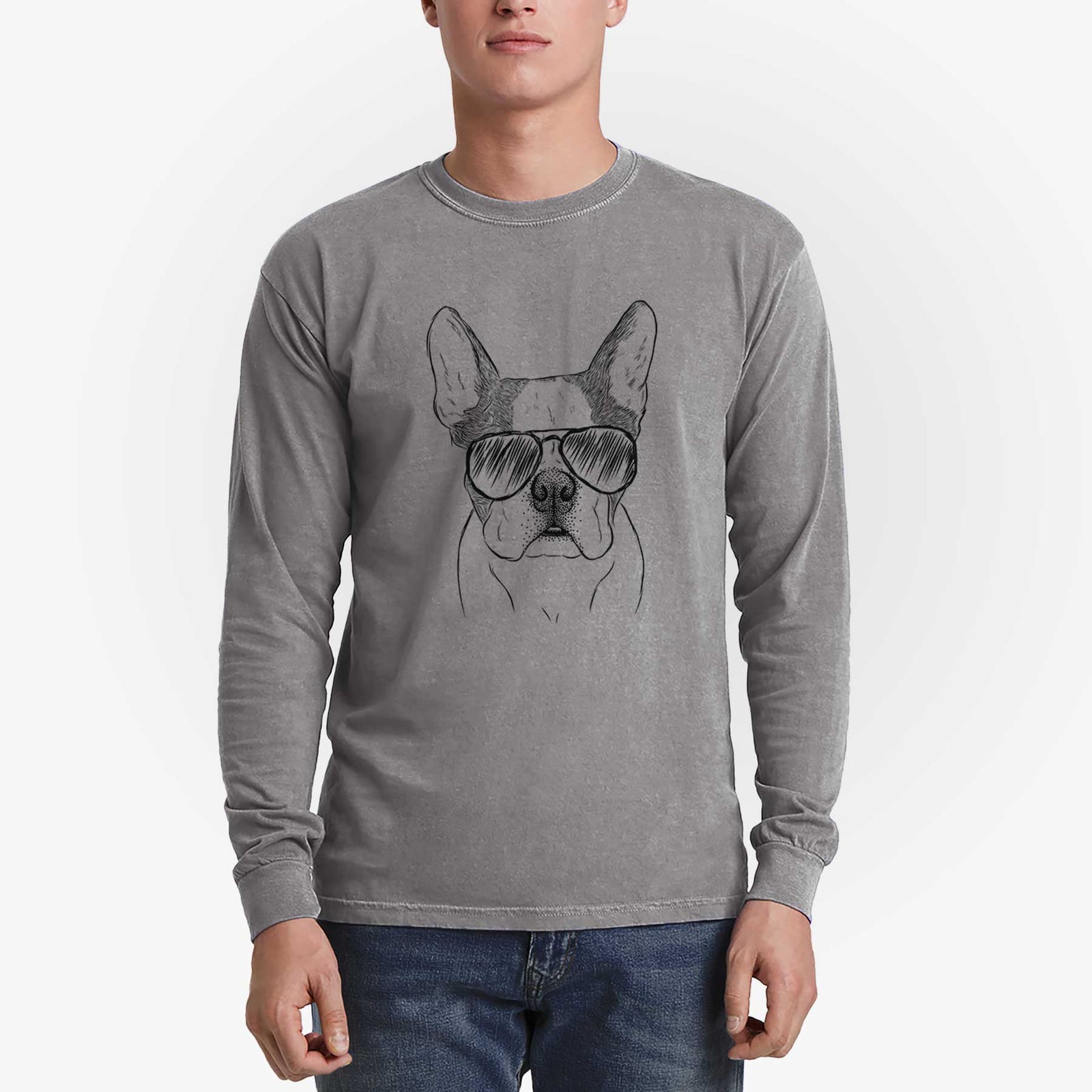 Aviator Chocolate Chip the Boston Terrier - Men's Heavyweight 100% Cotton Long Sleeve