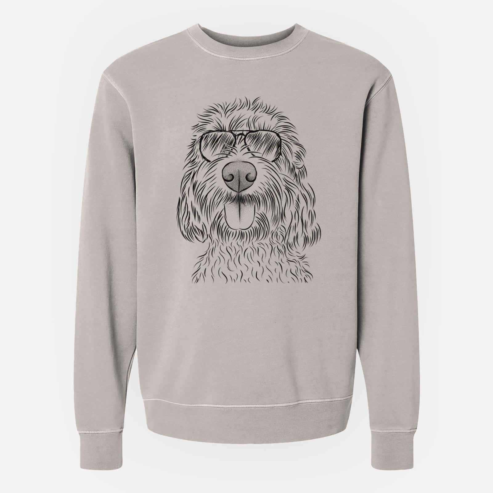 Hand-drawn sketch of Clover the Cockapoo wearing aviator sunglasses on a Cement Unisex pigment dyed crew sweatshirt