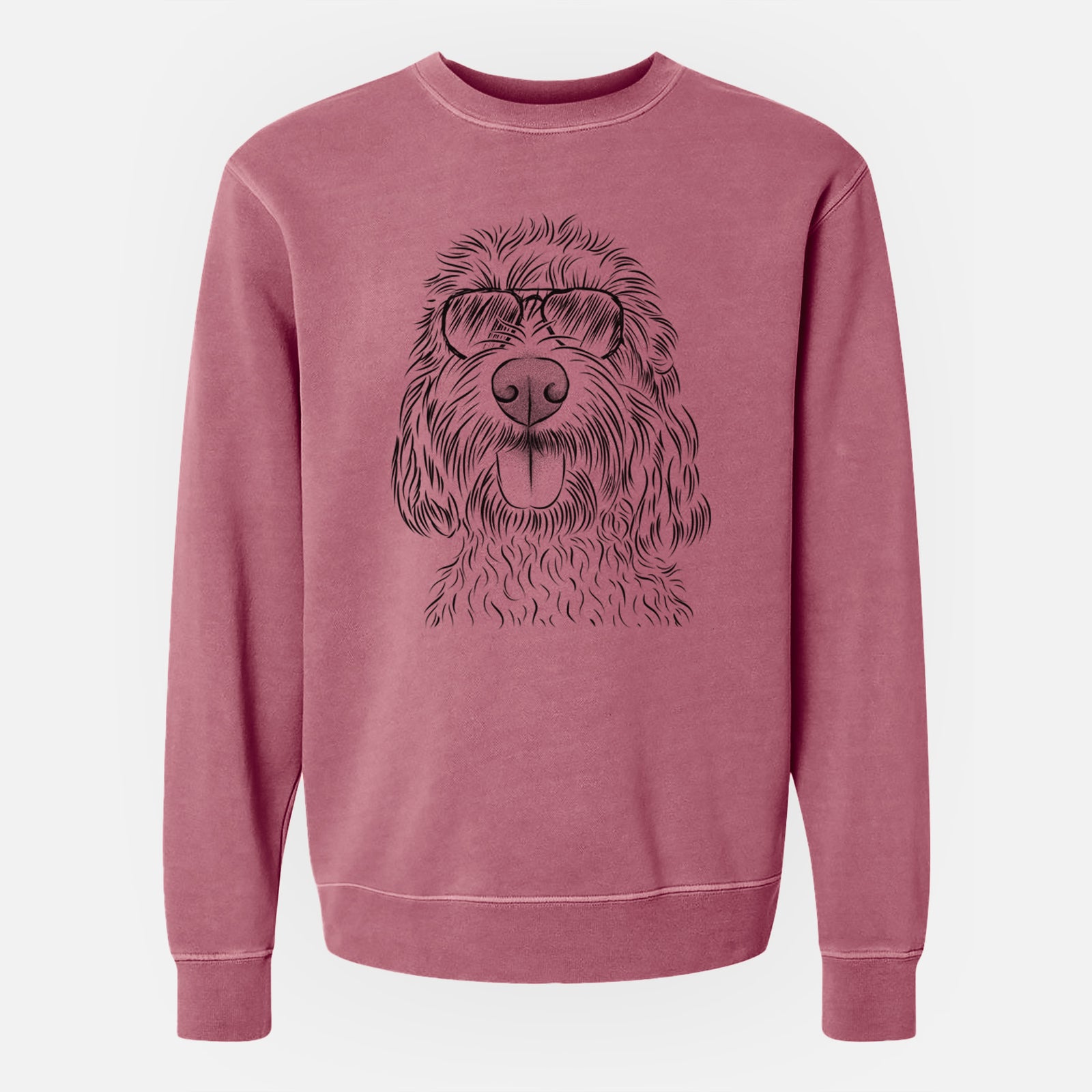 Hand-drawn sketch of Clover the Cockapoo wearing aviator sunglasses on a Maroon Unisex pigment dyed crew sweatshirt