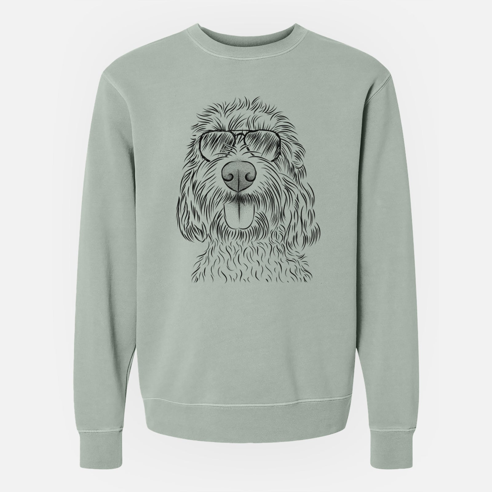 Hand-drawn sketch of Clover the Cockapoo wearing aviator sunglasses on a Sage Unisex pigment dyed crew sweatshirt