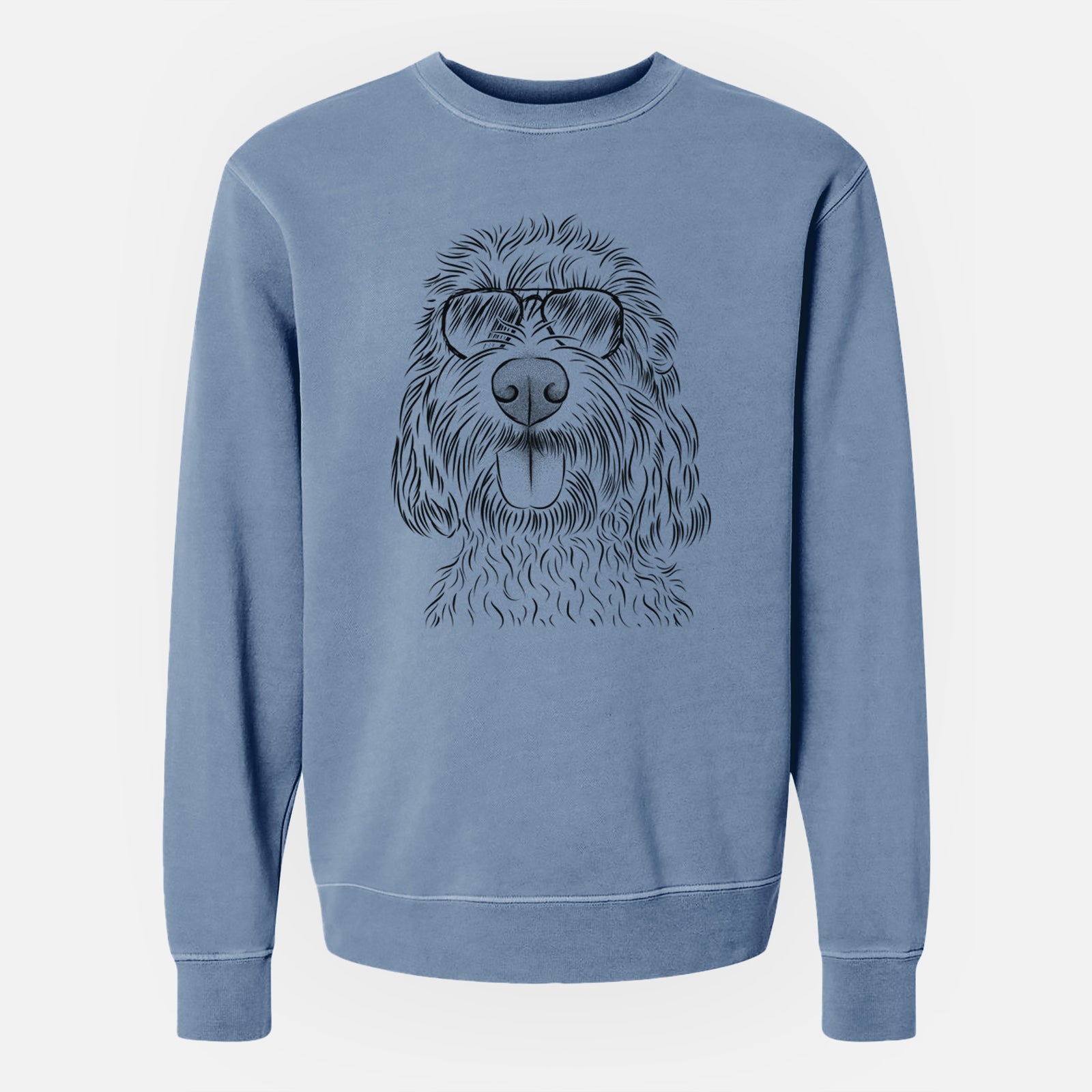Hand-drawn sketch of Clover the Cockapoo wearing aviator sunglasses on a Slate Blue Unisex pigment dyed crew sweatshirt