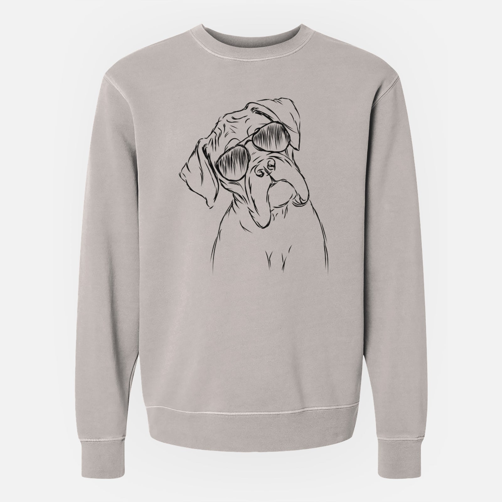 Hand-drawn sketch of Cooper the Boxer wearing aviator sunglasses on a Cement Unisex pigment dyed crew sweatshirt