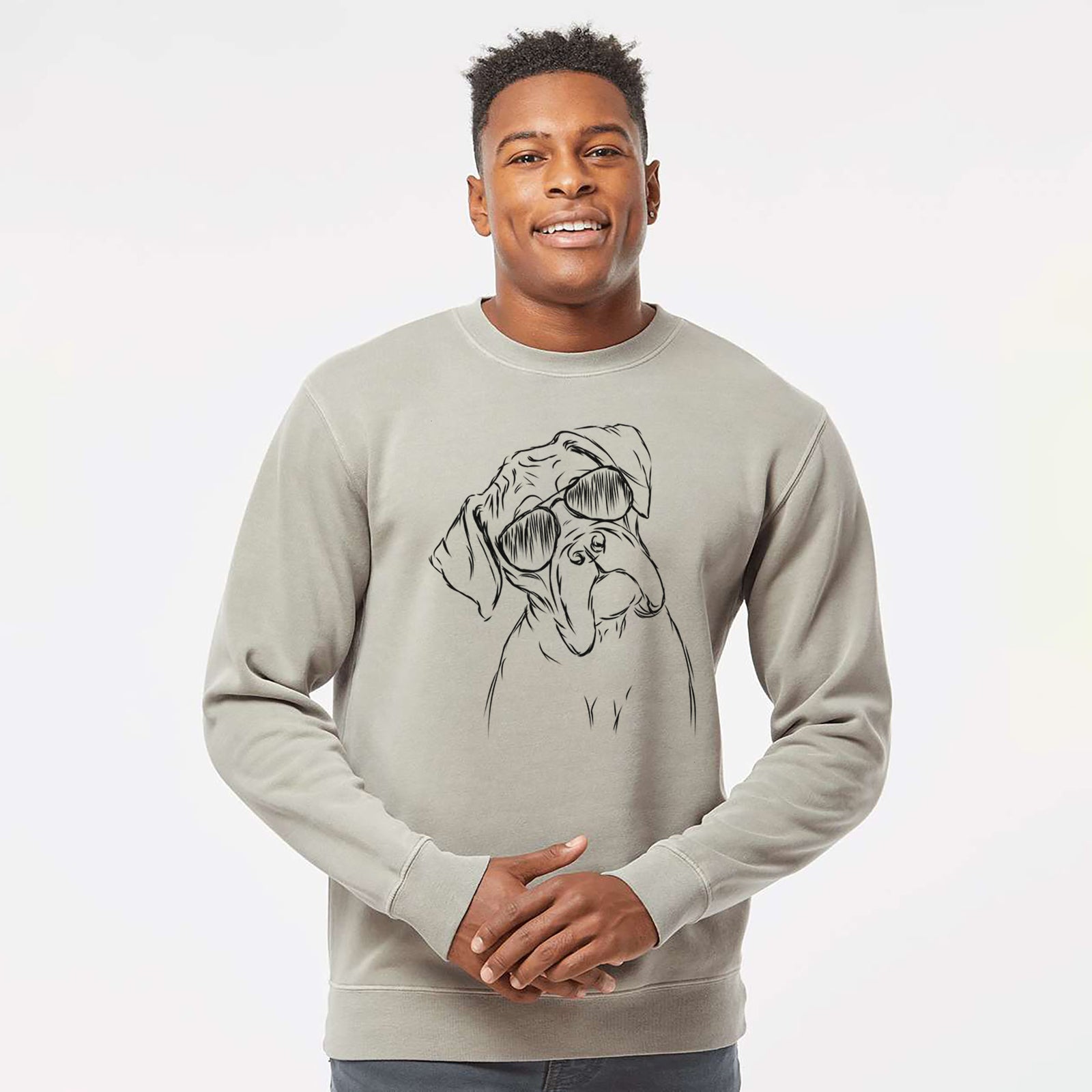 Hand-drawn sketch of Cooper the Boxer wearing aviator sunglasses on a Cement Unisex pigment dyed crew sweatshirt
