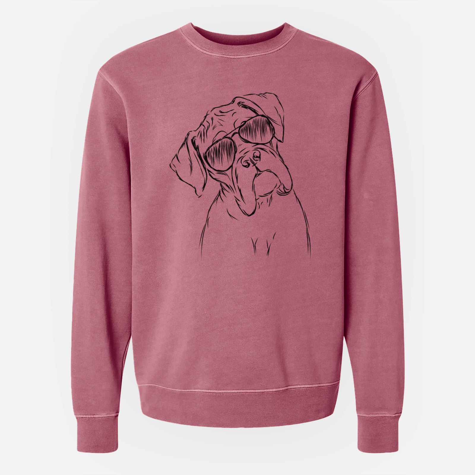 Hand-drawn sketch of Cooper the Boxer wearing aviator sunglasses on a Maroon Unisex pigment dyed crew sweatshirt