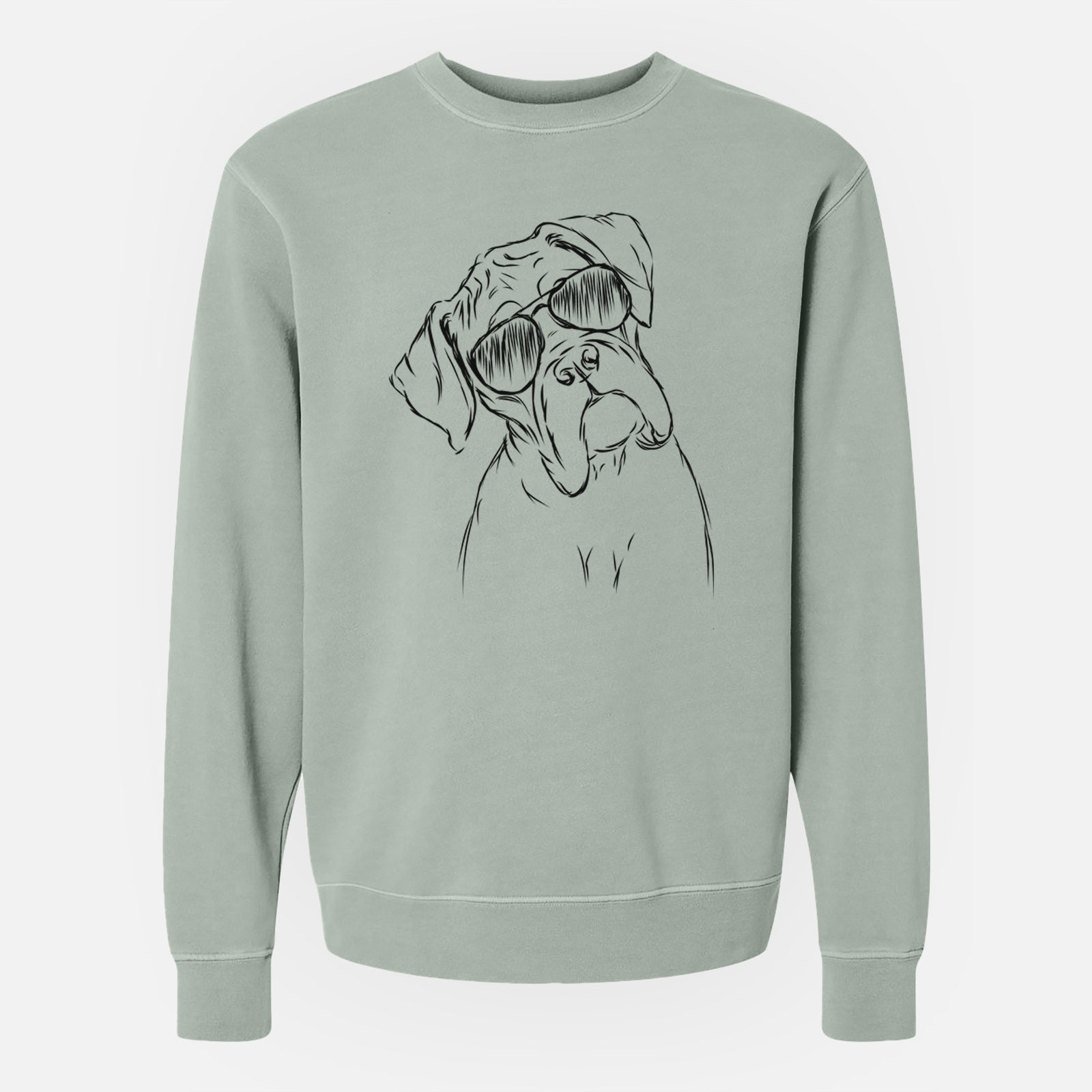 Hand-drawn sketch of Cooper the Boxer wearing aviator sunglasses on a Sage Unisex pigment dyed crew sweatshirt