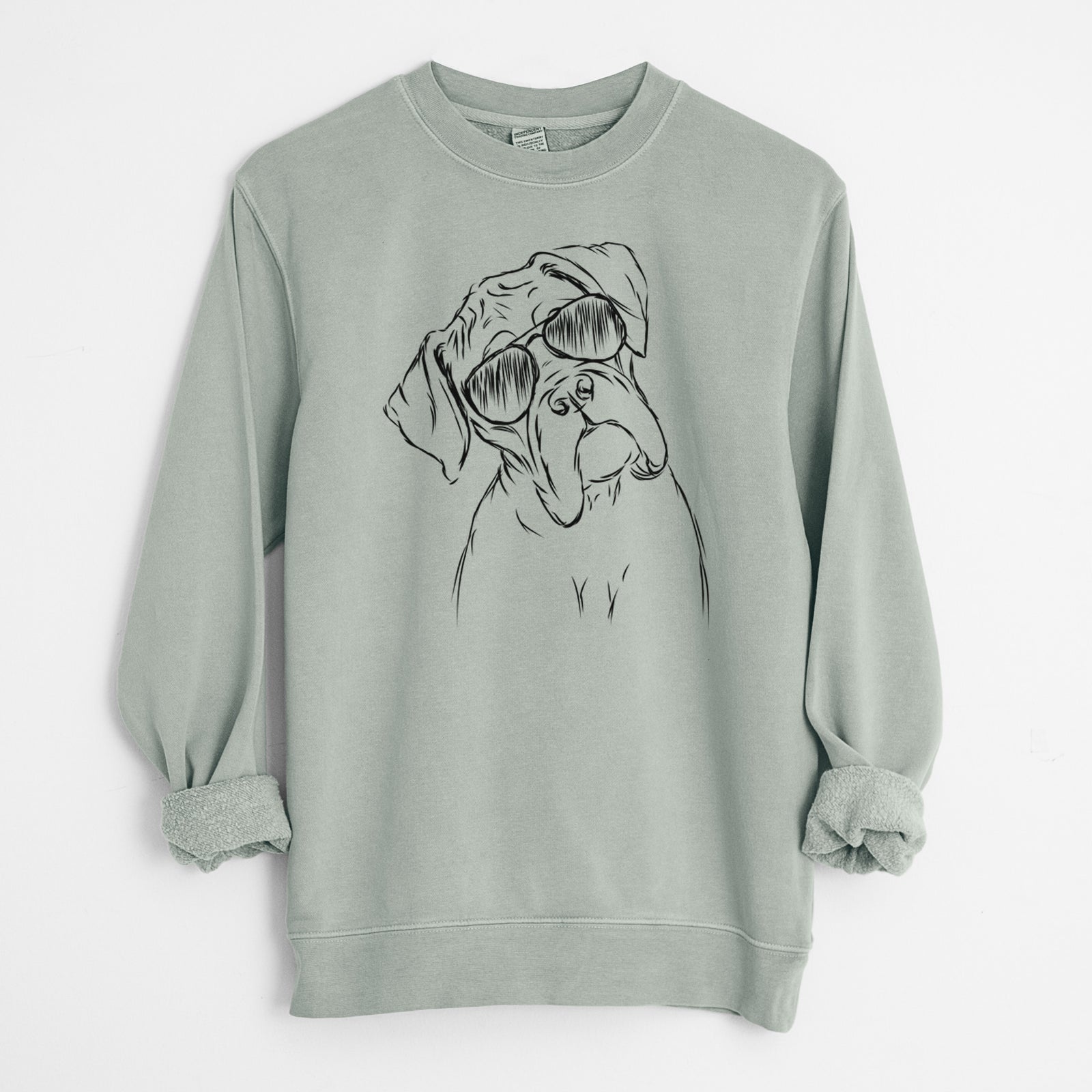Hand-drawn sketch of Cooper the Boxer wearing aviator sunglasses on a Sage Unisex pigment dyed crew sweatshirt