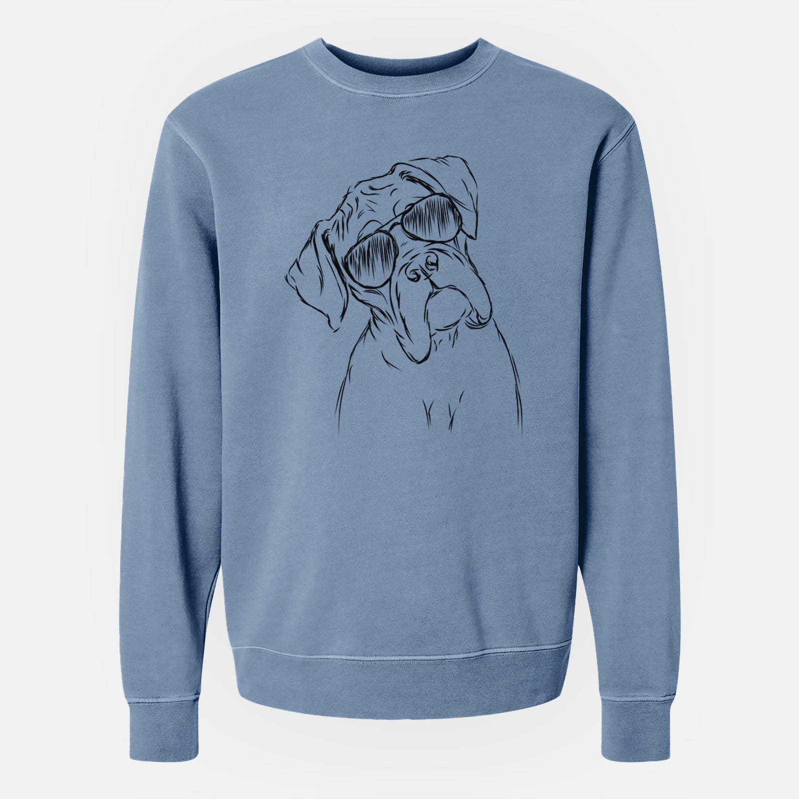 Hand-drawn sketch of Cooper the Boxer wearing aviator sunglasses on a Slate Blue Unisex pigment dyed crew sweatshirt
