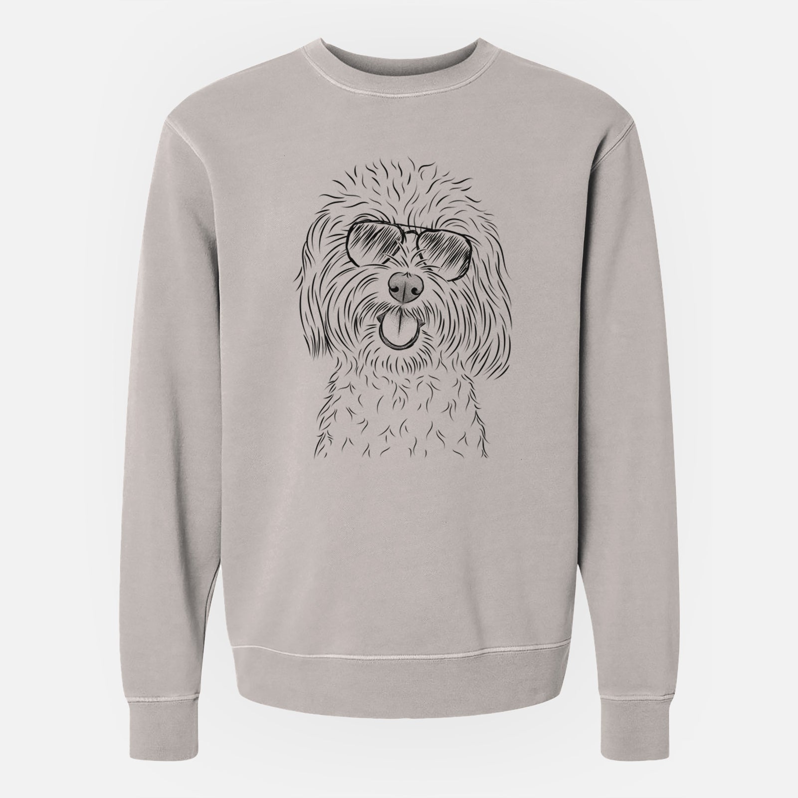 Hand-drawn sketch of Cuddles the Coton de Tulear wearing aviator sunglasses on a Cement Unisex pigment dyed crew sweatshirt
