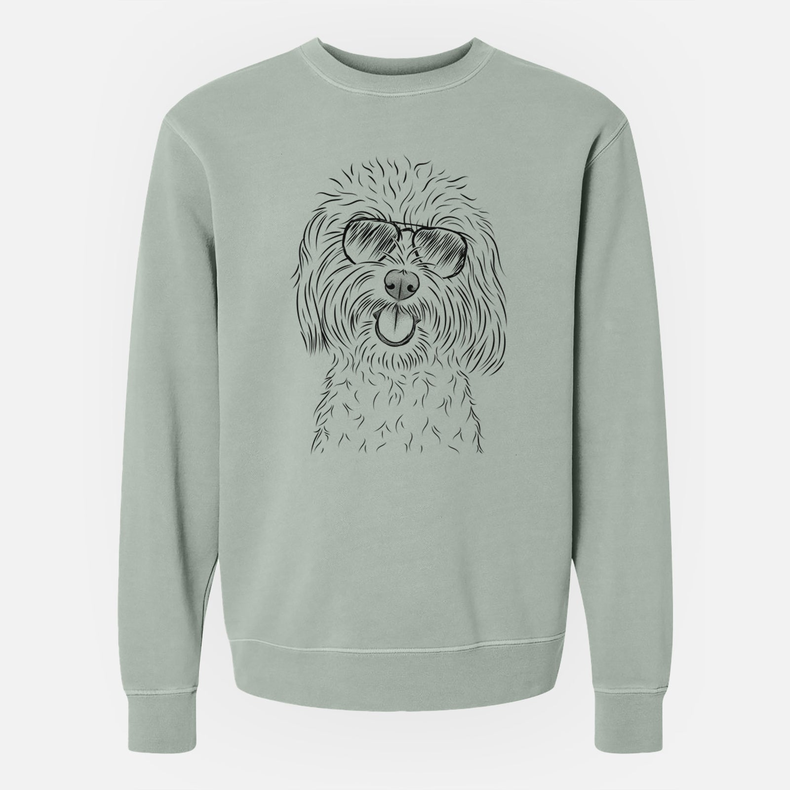 Hand-drawn sketch of Cuddles the Coton de Tulear wearing aviator sunglasses on a Sage Unisex pigment dyed crew sweatshirt