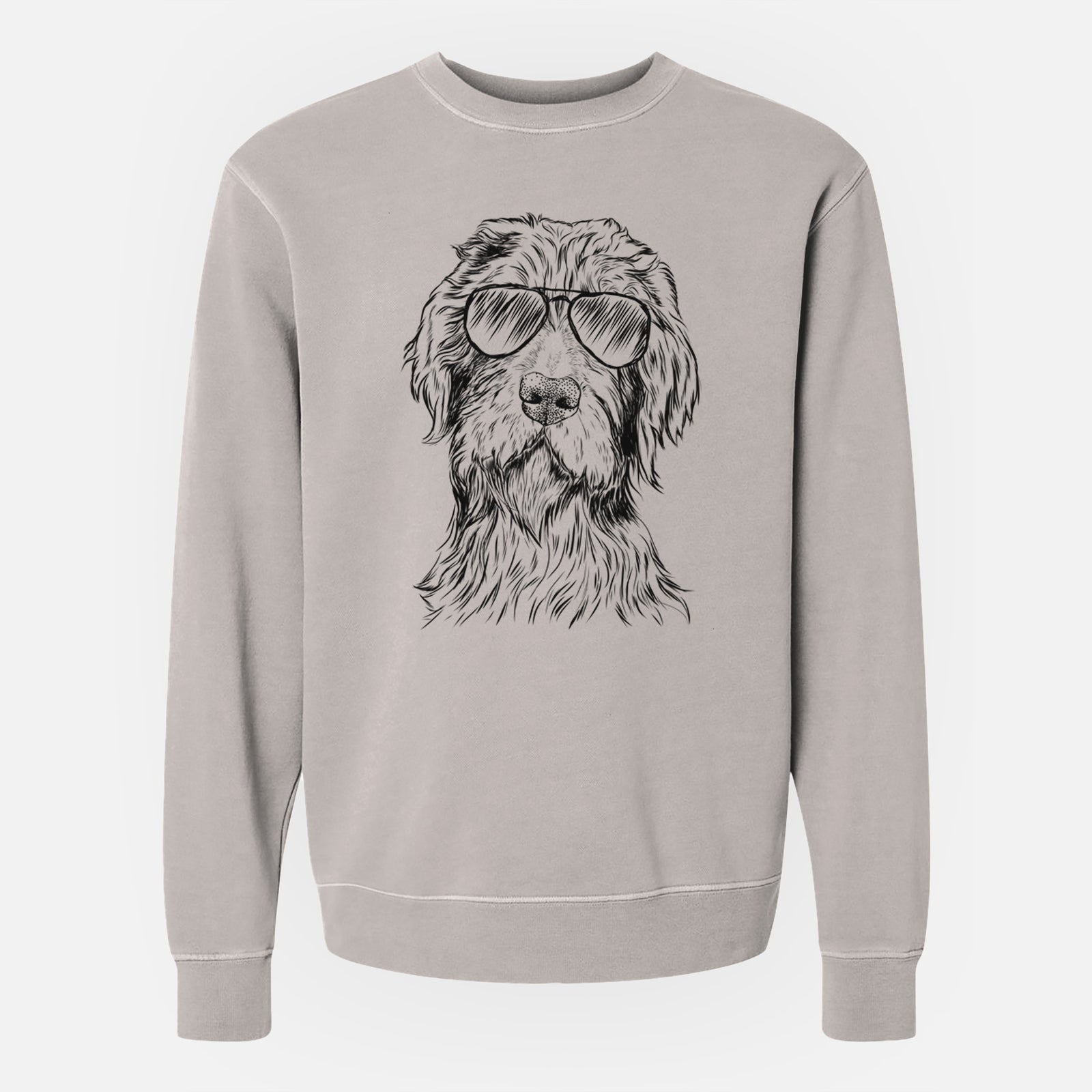 Hand-drawn sketch of Doc Holliday the Pudelpointer wearing aviator sunglasses on a Cement Unisex pigment dyed crew sweatshirt