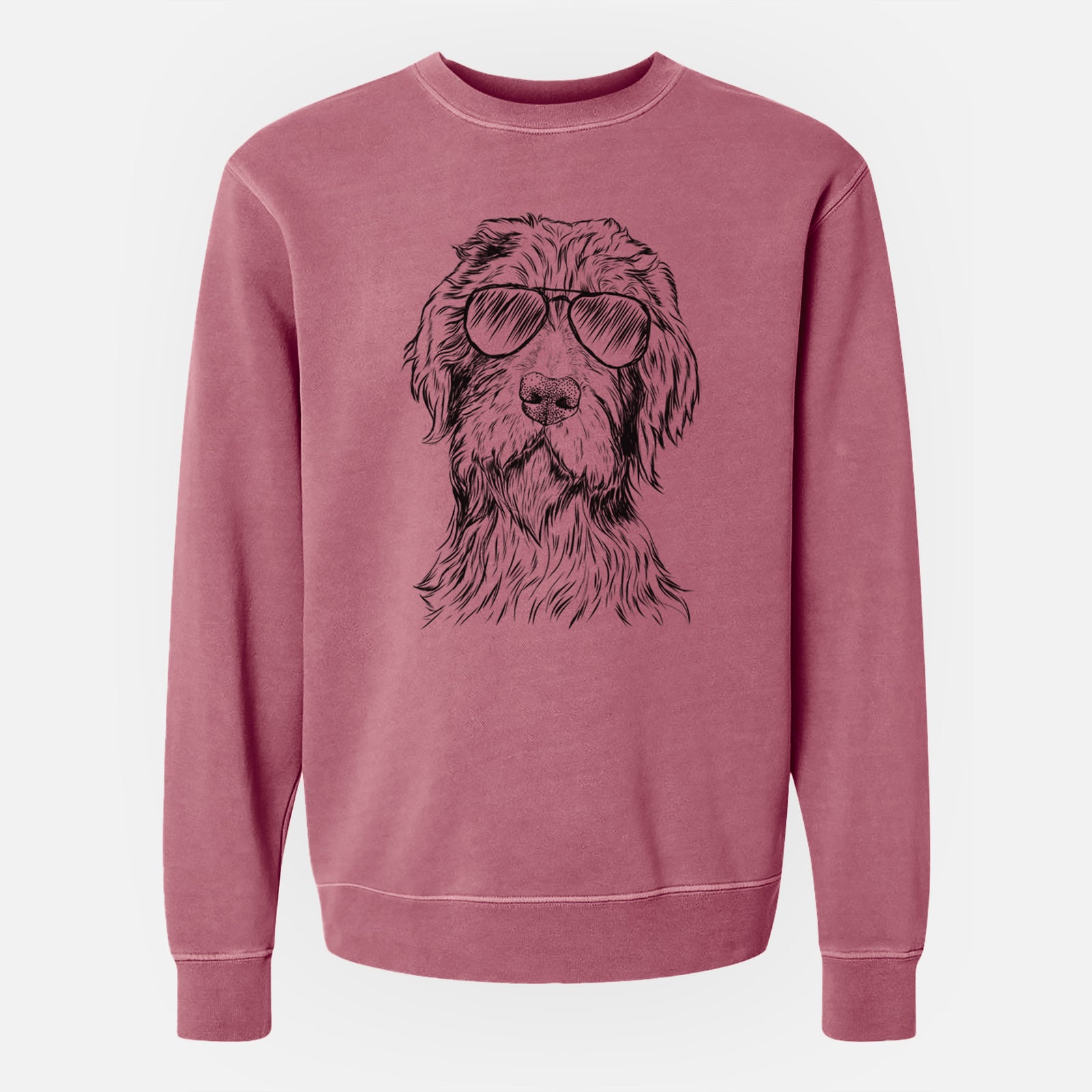 Hand-drawn sketch of Doc Holliday the Pudelpointer wearing aviator sunglasses on a Maroon Unisex pigment dyed crew sweatshirt