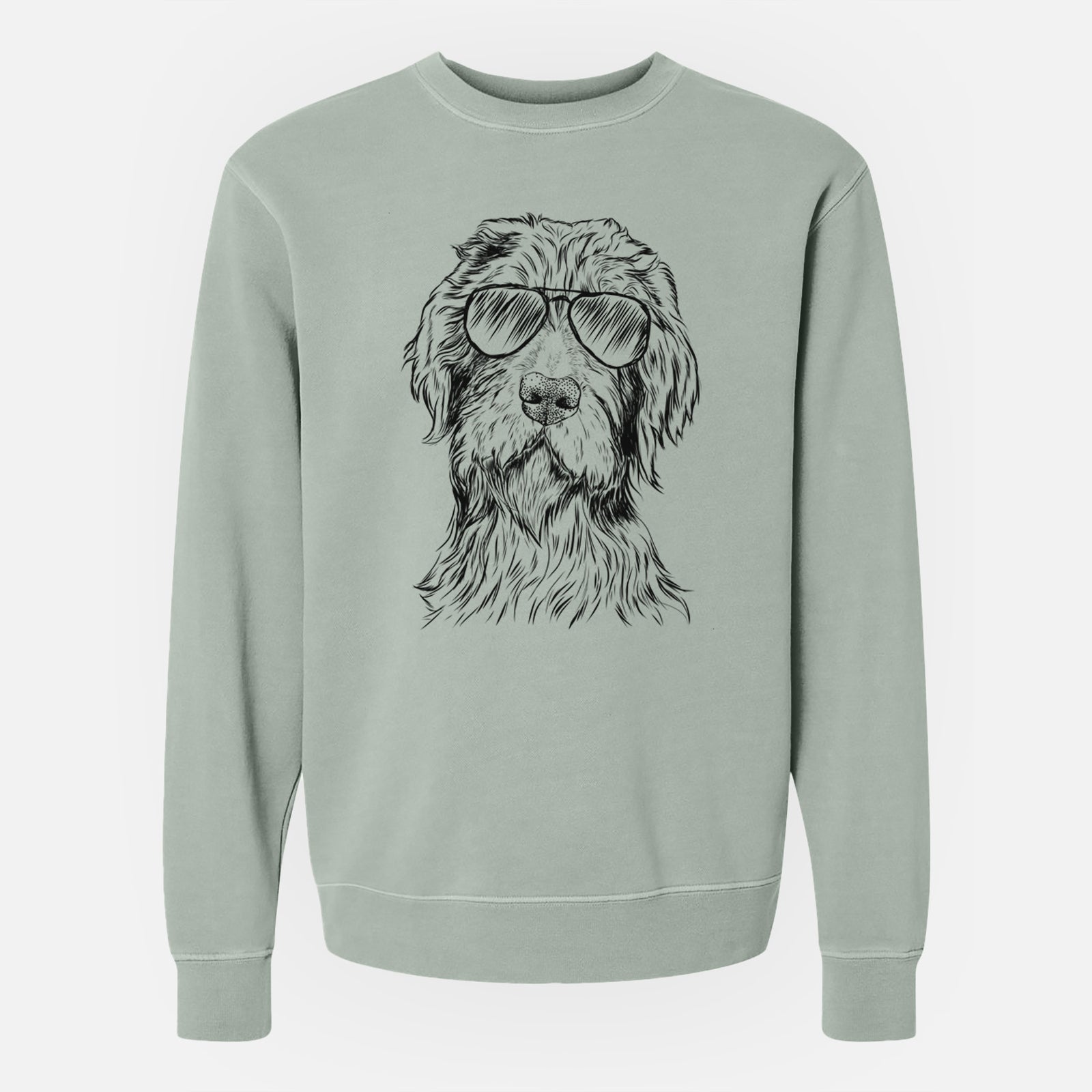 Hand-drawn sketch of Doc Holliday the Pudelpointer wearing aviator sunglasses on a Sage Unisex pigment dyed crew sweatshirt