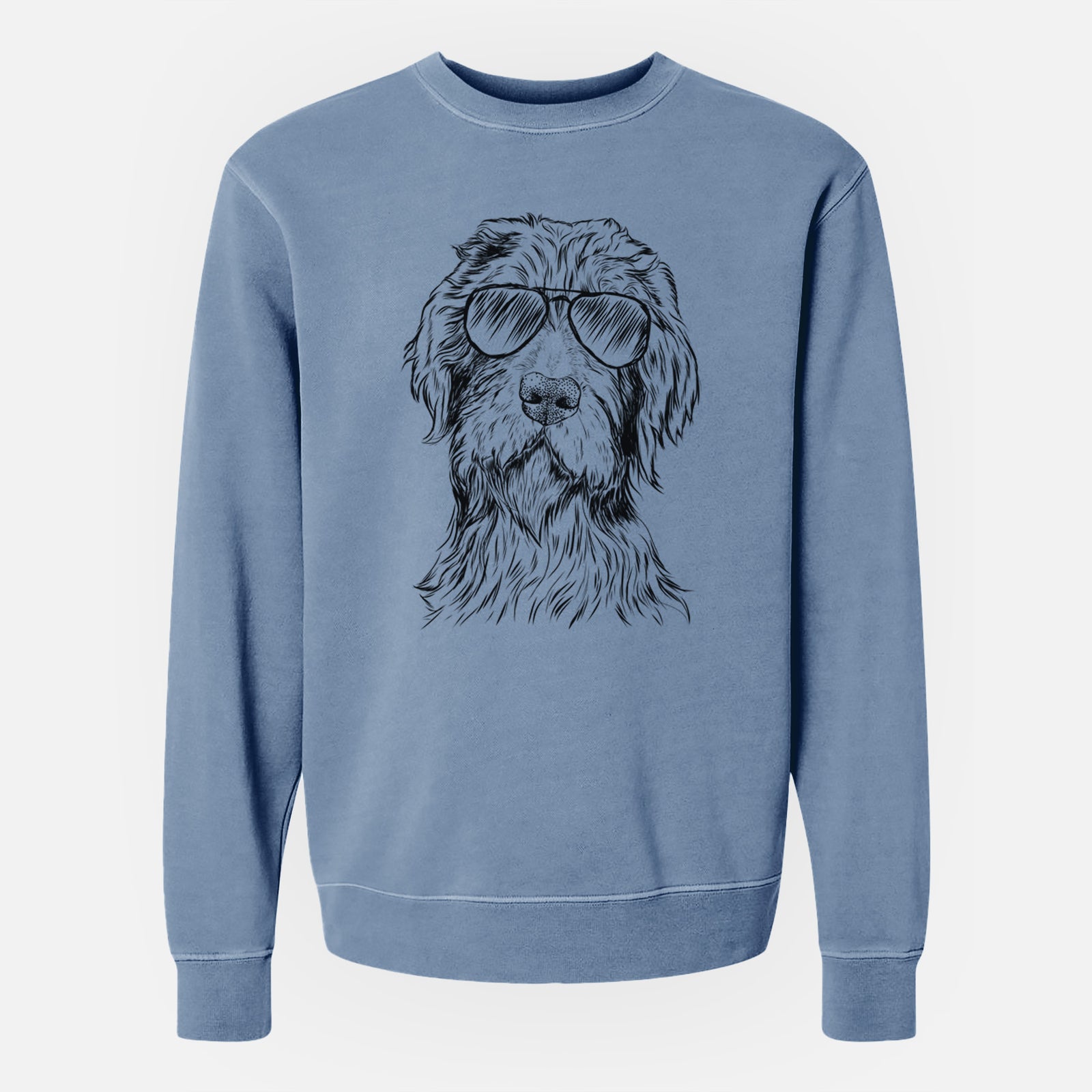 Hand-drawn sketch of Doc Holliday the Pudelpointer wearing aviator sunglasses on a Slate Blue Unisex pigment dyed crew sweatshirt