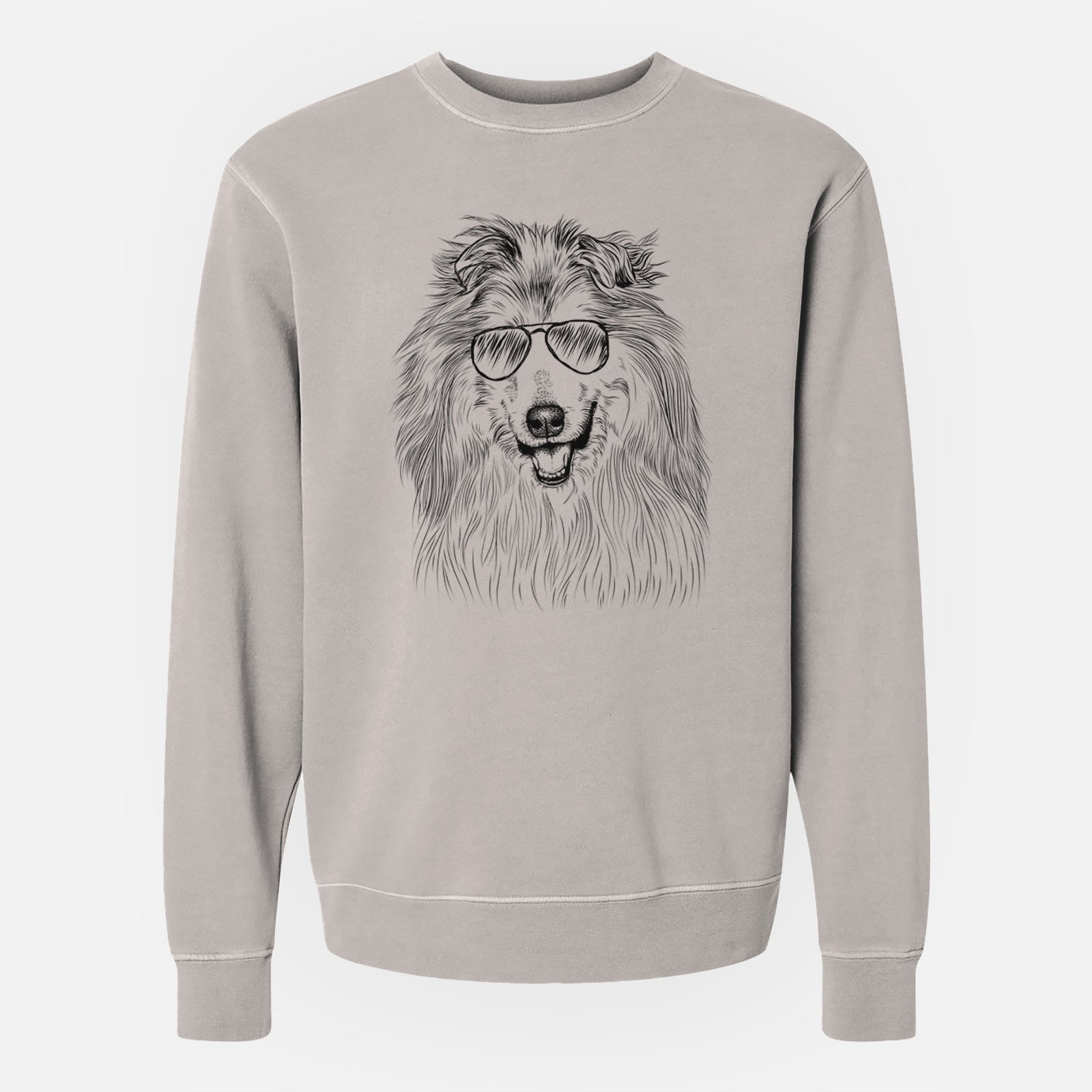 Hand-drawn sketch of Donnan the Rough Collie wearing aviator sunglasses on a Cement Unisex pigment dyed crew sweatshirt