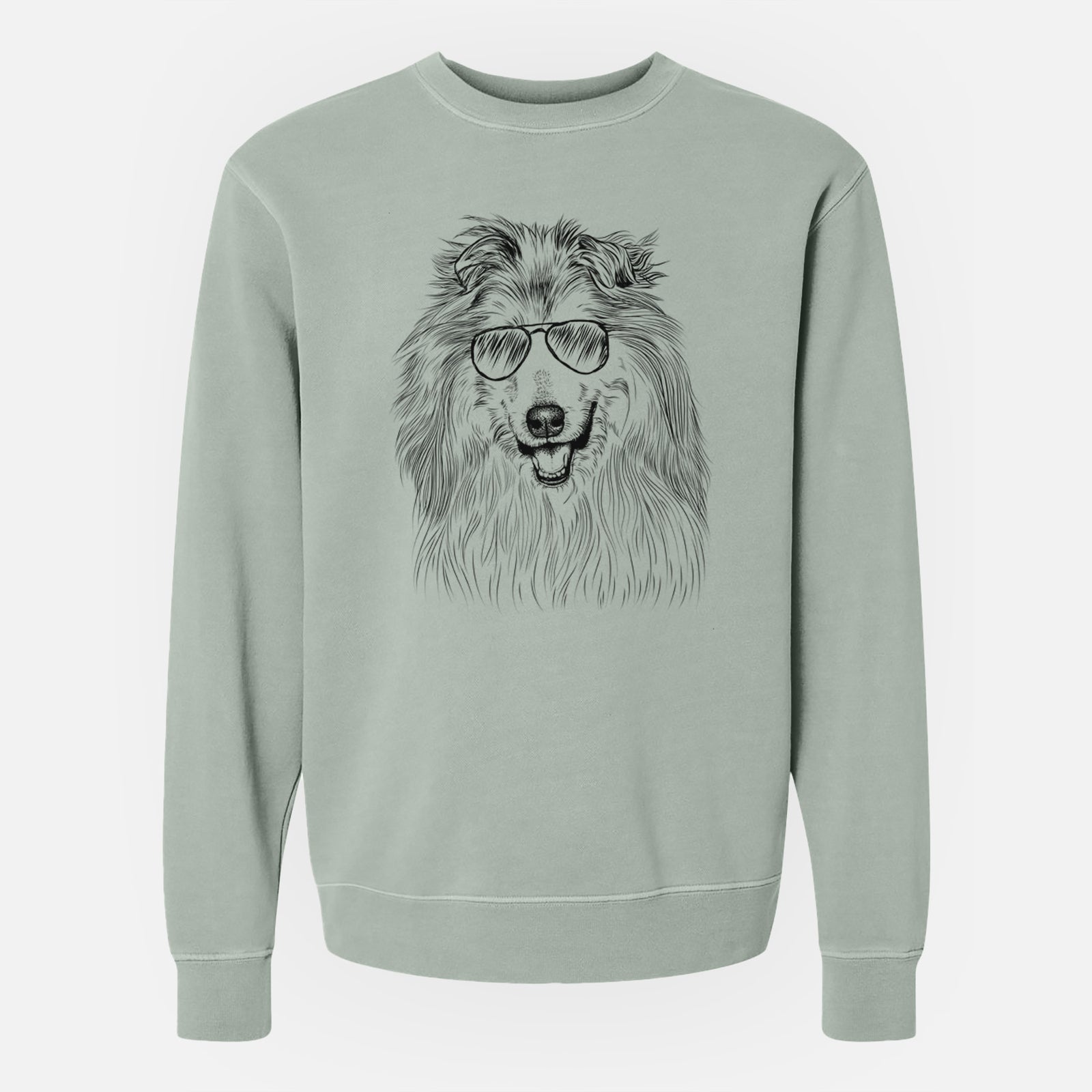 Hand-drawn sketch of Donnan the Rough Collie wearing aviator sunglasses on a Sage Unisex pigment dyed crew sweatshirt