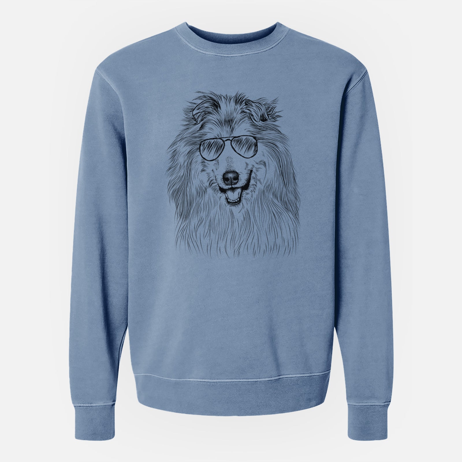Hand-drawn sketch of Donnan the Rough Collie wearing aviator sunglasses on a Slate Blue Unisex pigment dyed crew sweatshirt