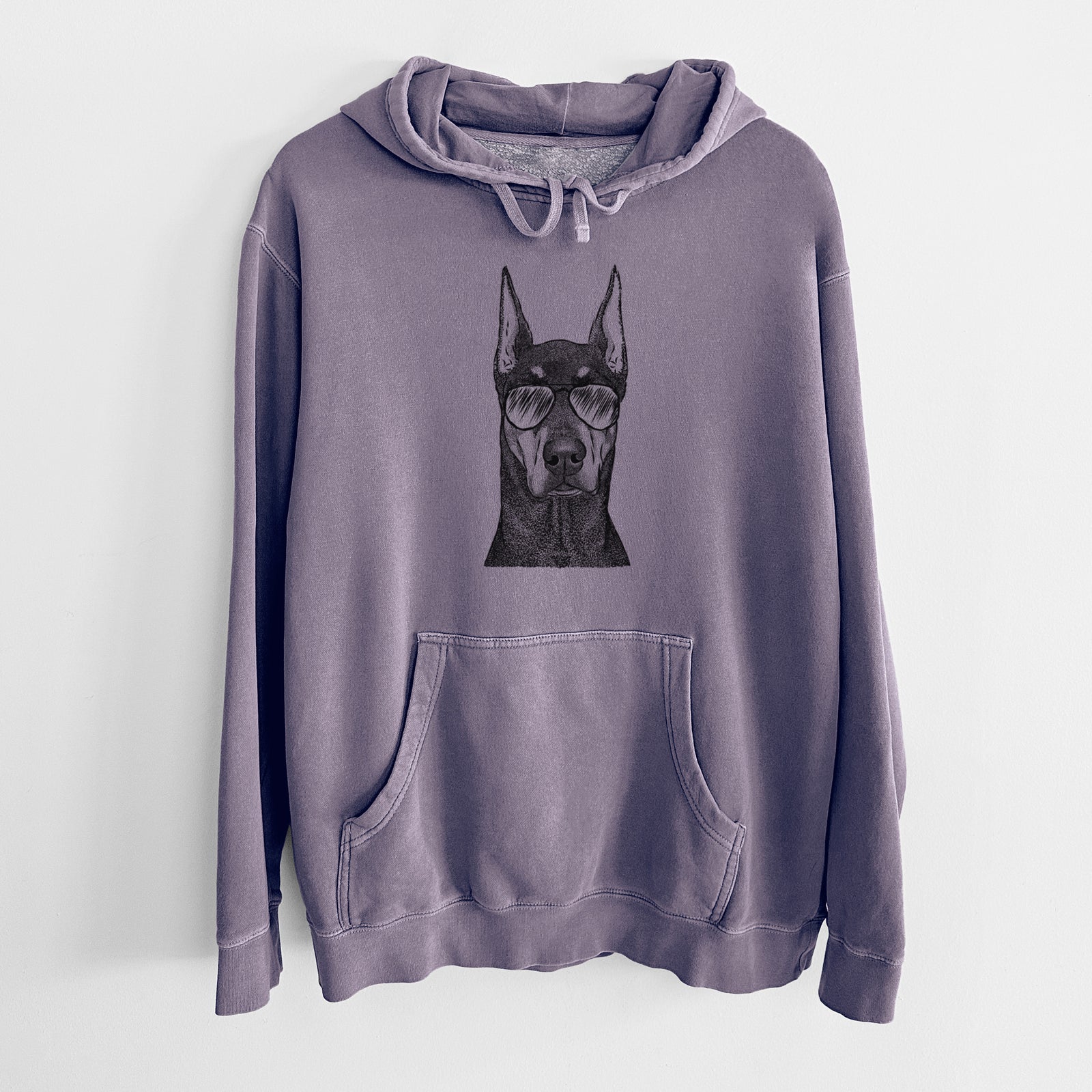 Hand-drawn sketch of Drake the Doberman Pinscher wearing aviator sunglasses on a Plum Unisex pigment dyed hoodie