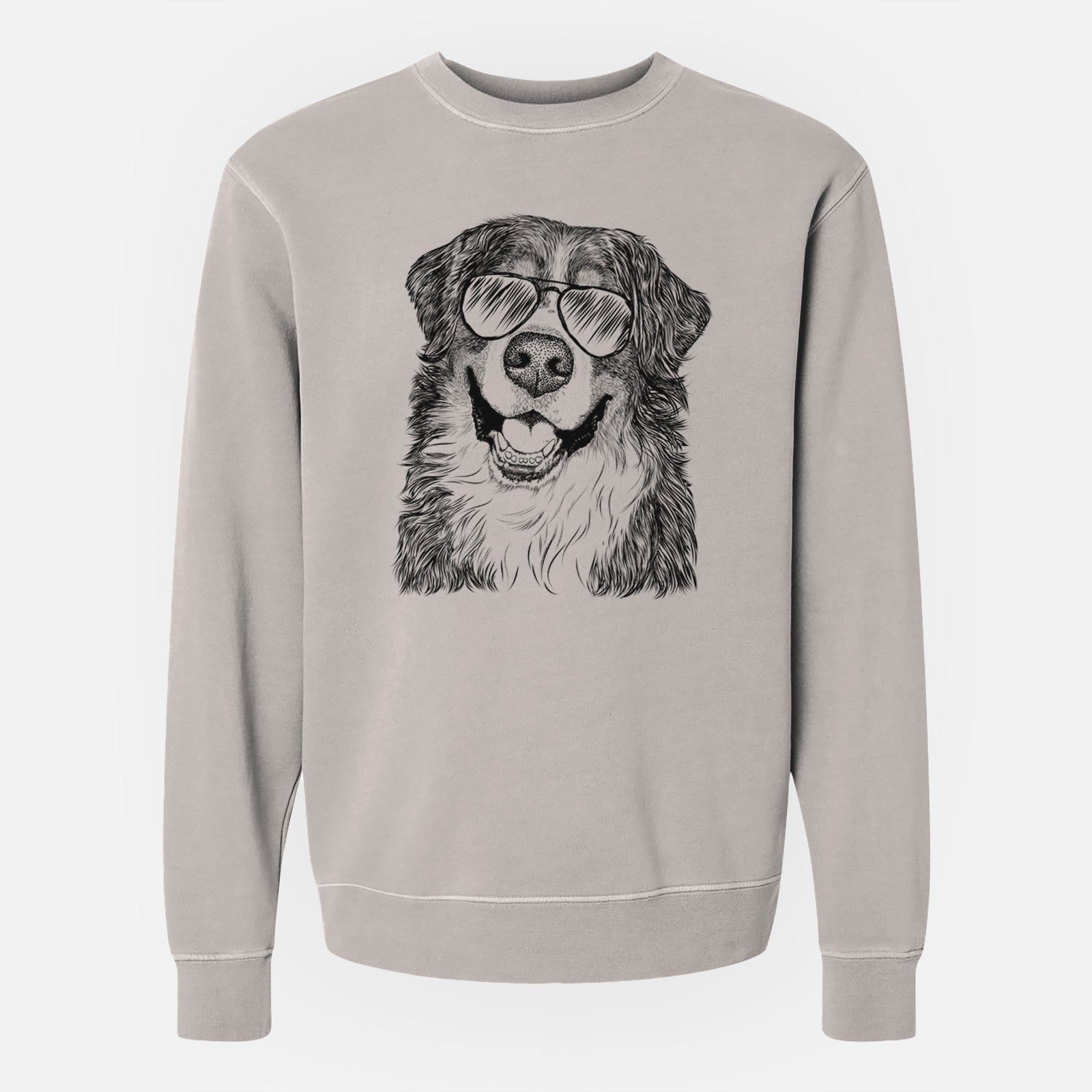 Hand-drawn sketch of Eiger the Bernese Mountain Dog wearing aviator sunglasses on a Cement Unisex pigment dyed crew sweatshirt