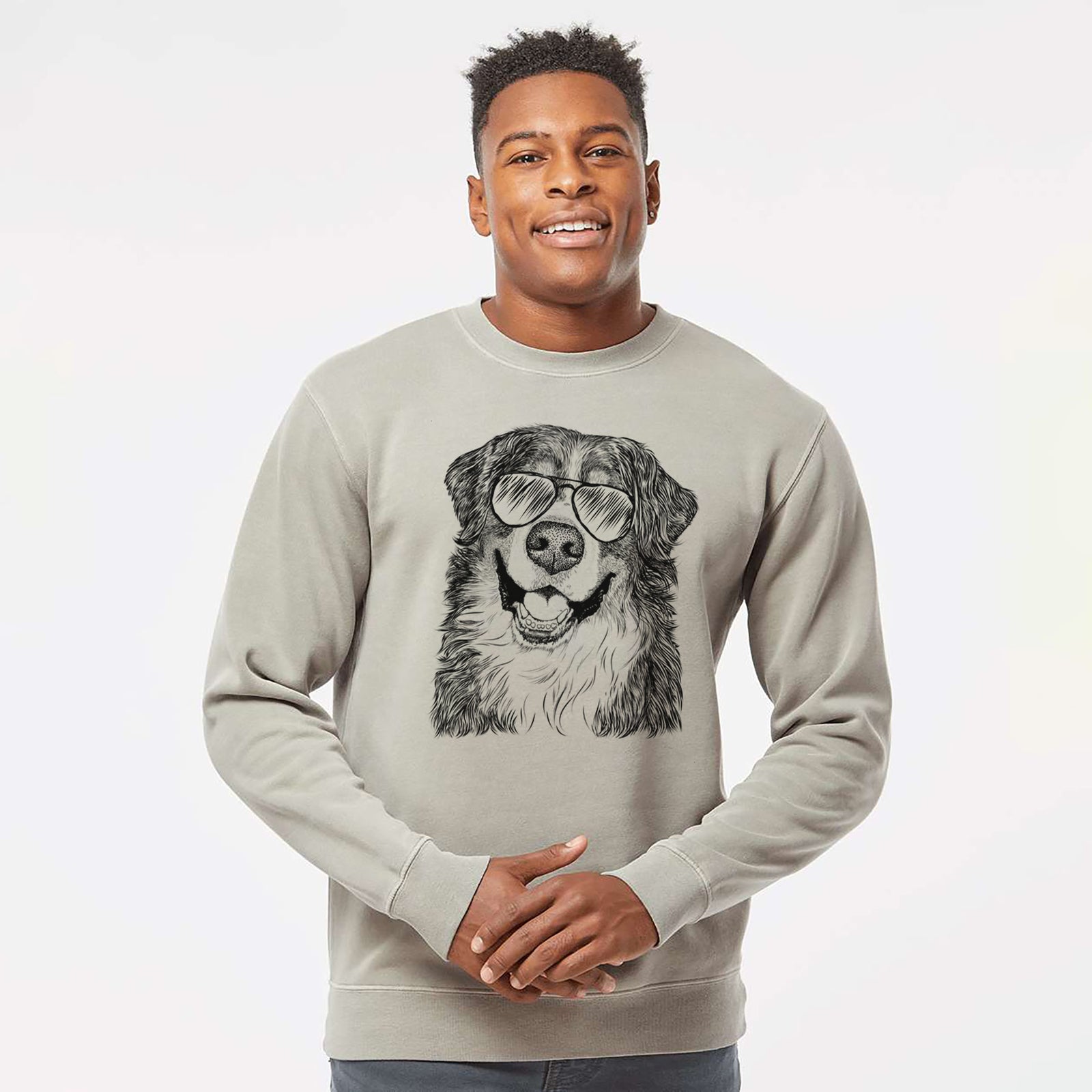 Hand-drawn sketch of Eiger the Bernese Mountain Dog wearing aviator sunglasses on a Cement Unisex pigment dyed crew sweatshirt