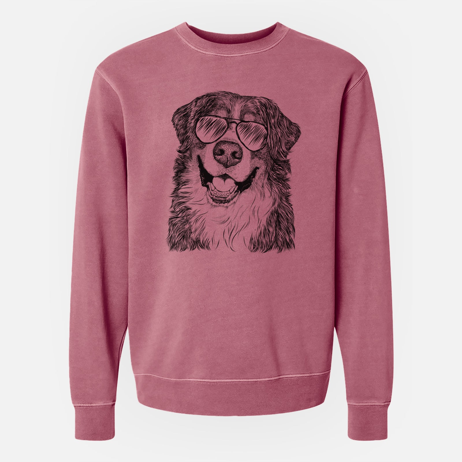 Hand-drawn sketch of Eiger the Bernese Mountain Dog wearing aviator sunglasses on a Maroon Unisex pigment dyed crew sweatshirt
