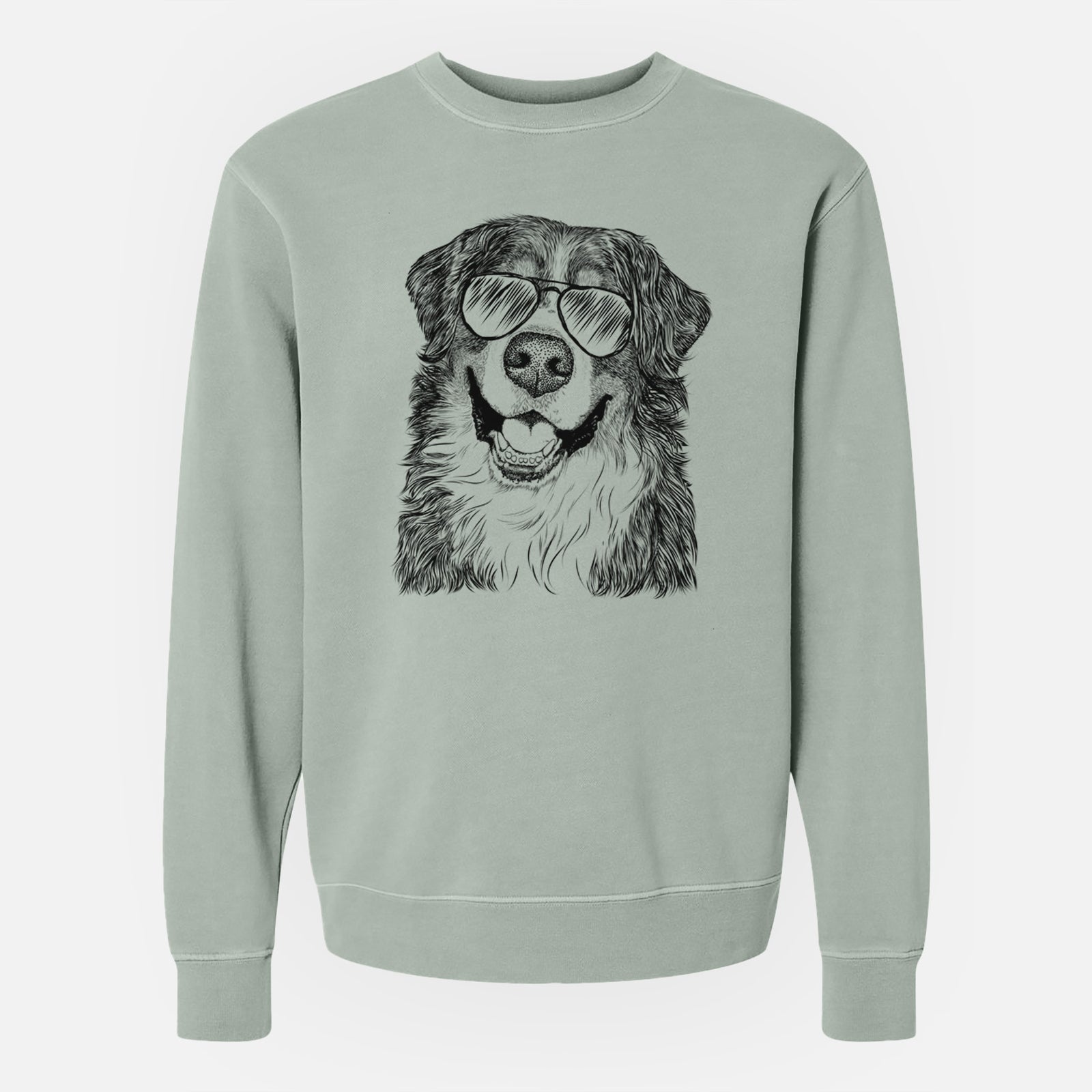 Hand-drawn sketch of Eiger the Bernese Mountain Dog wearing aviator sunglasses on a Sage Unisex pigment dyed crew sweatshirt